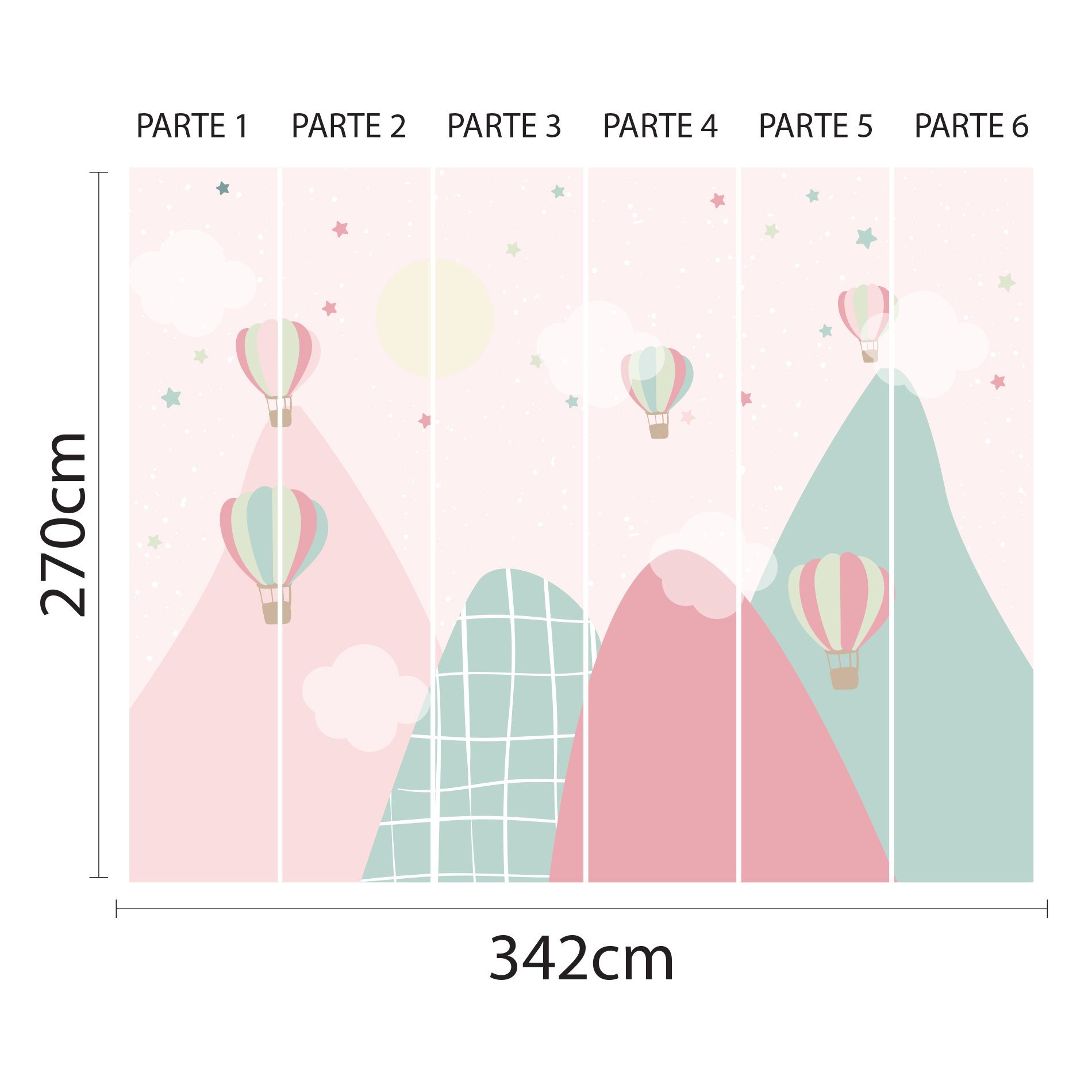Imagem mostrando o layout e especificações técnicas do papel de parede infantil Montanhas e Balões