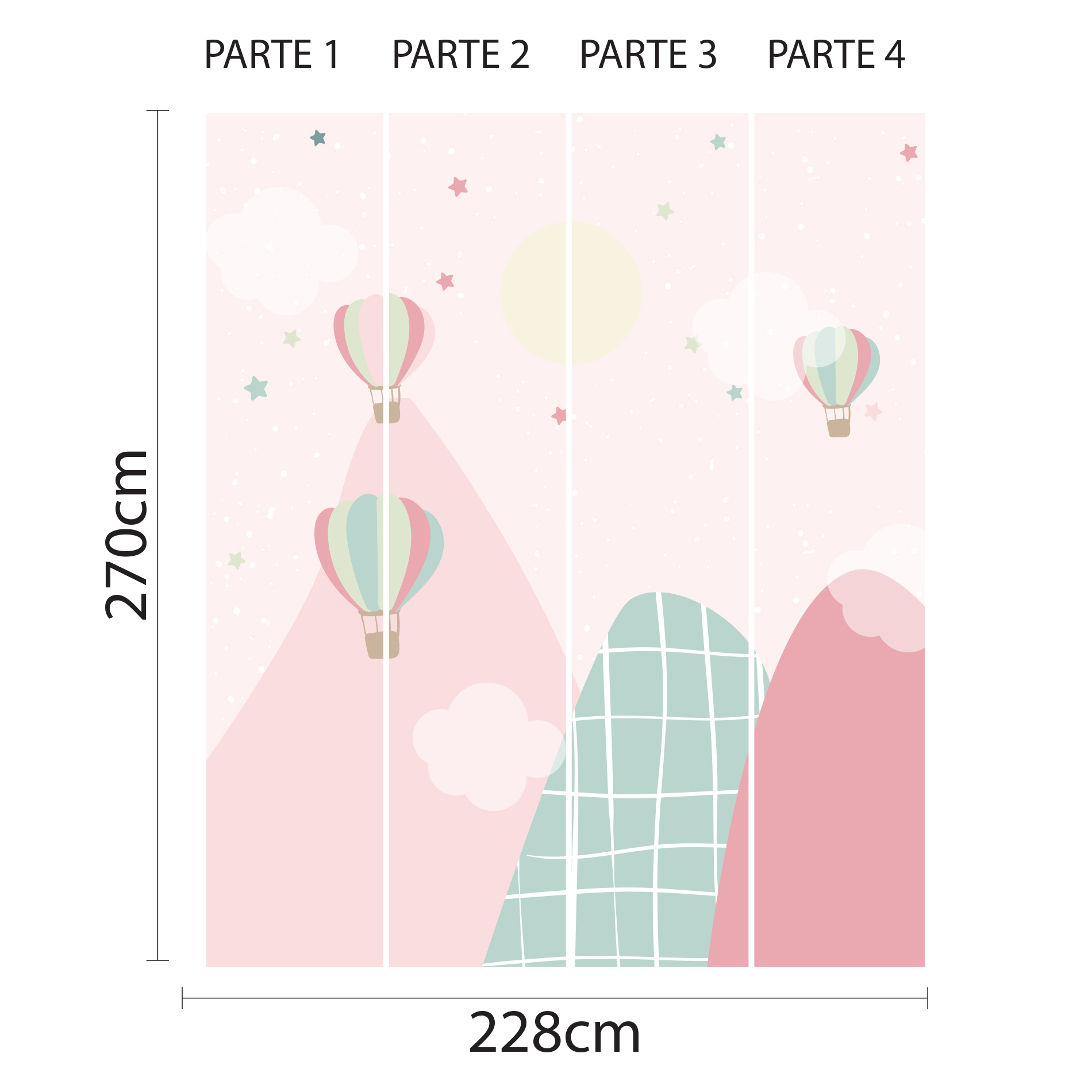 Imagem mostrando o papel de parede dividido em 4 partes com dimensões e design lúdico para aplicação