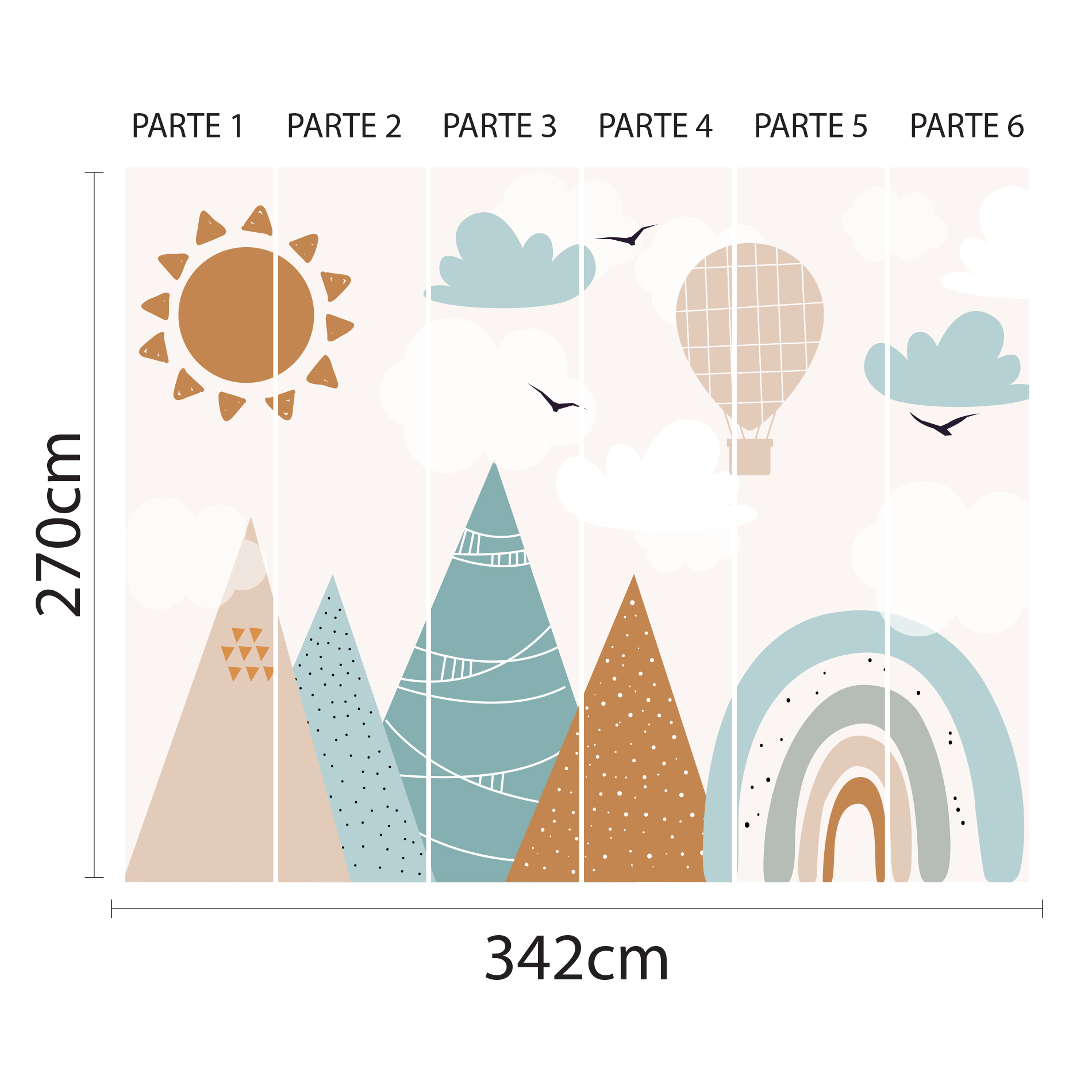 Imagem técnica do papel de parede montanhas e balões mostrando medidas e divisão em 6 partes verticais.