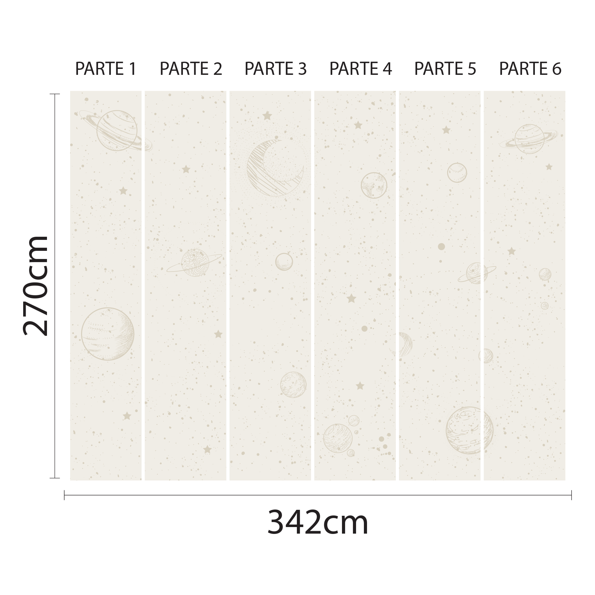Imagem detalhada do papel de parede Sistema Solar mostrando as dimensões e partes para aplicação.