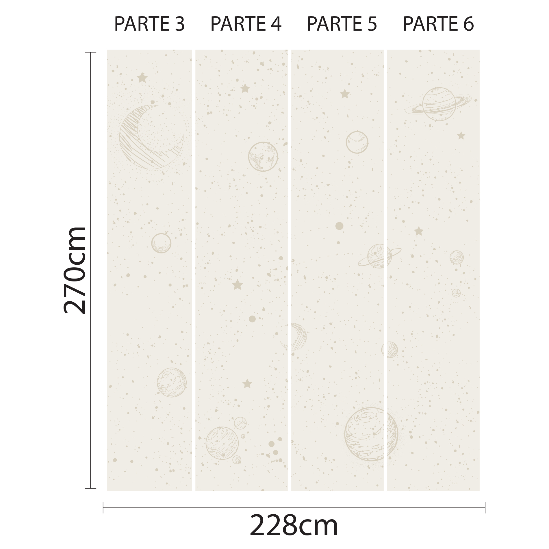 Imagem ilustrativa mostrando as dimensões e instruções para aplicação do papel de parede Sistema Solar em tons claros.