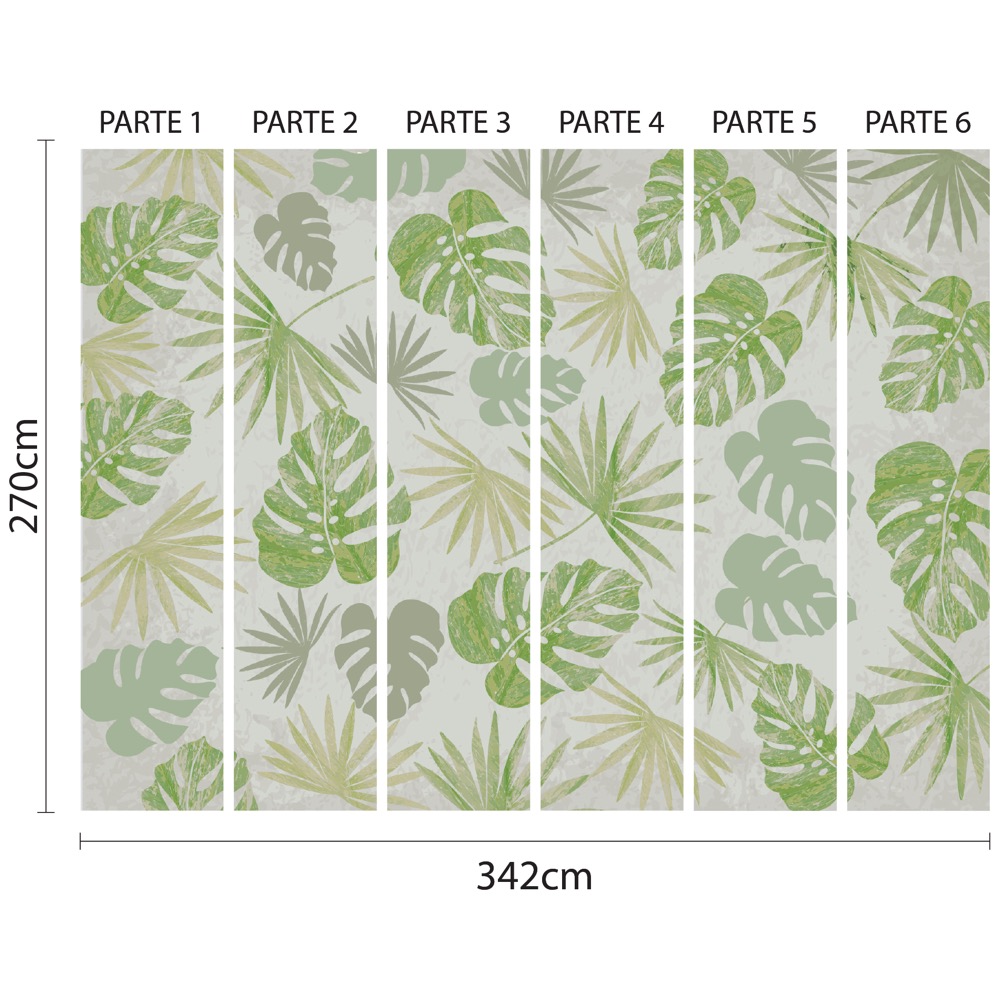 Papel de parede dividido em 6 faixas numeradas com medidas para aplicação correta