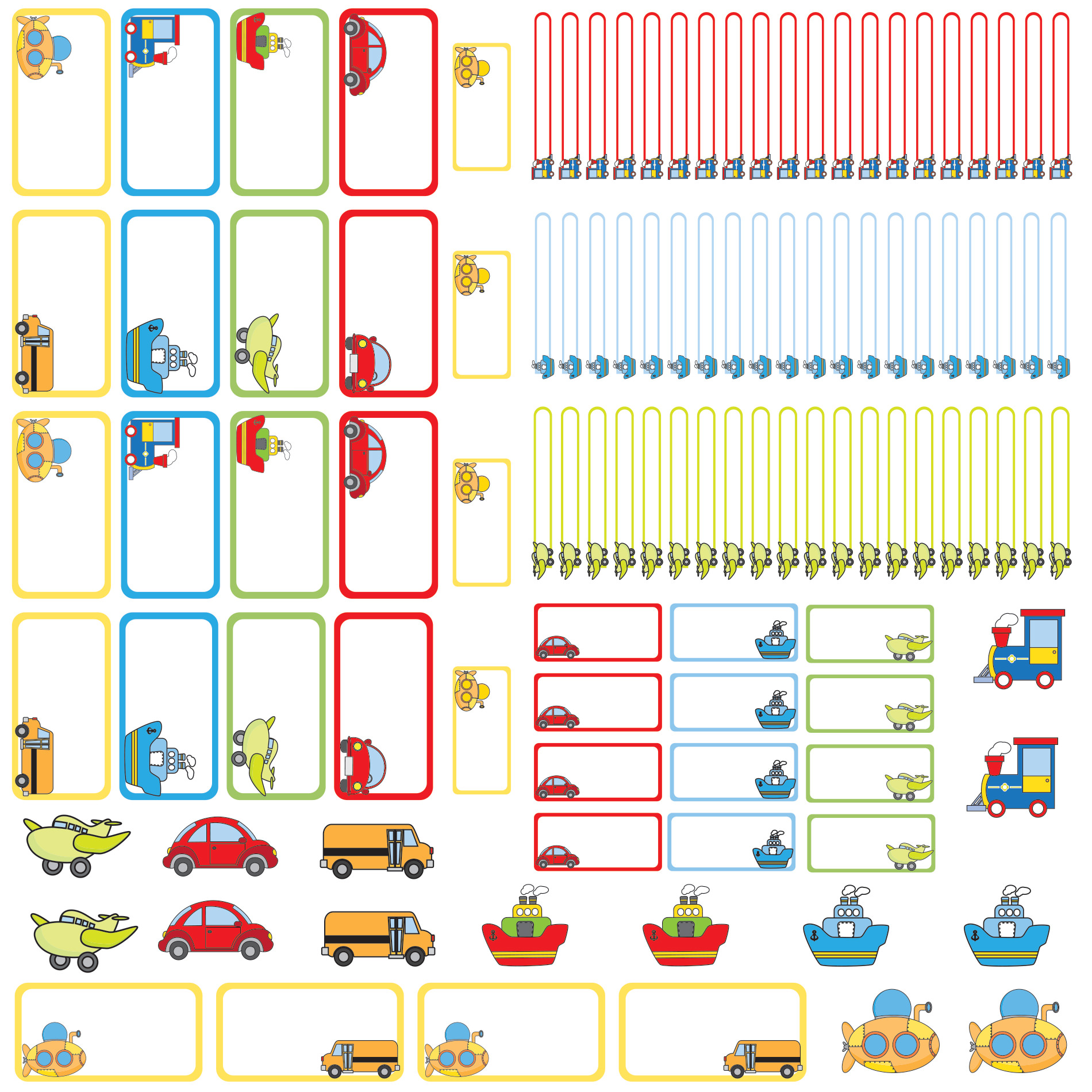 Folha com várias etiquetas escolares personalizadas em estilo lúdico com bordas coloridas e ilustrações de carrinhos, aviões e barcos.