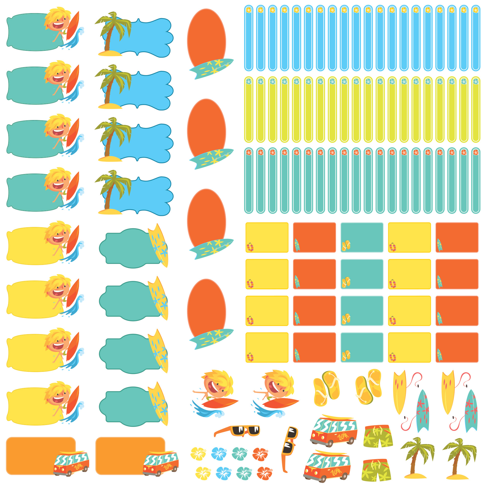 Folhas com etiquetas escolares personalizadas em estilo lúdico, tema surf e praia, mostrando formatos variados e cores predominantes.