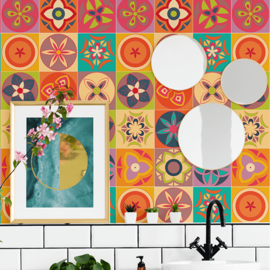 Papel de Parede Flores Azulejo Hidráulico Lavável 57x270cm Papel de Parede Flores Azulejo Hidráulico Lavável 57x270cm