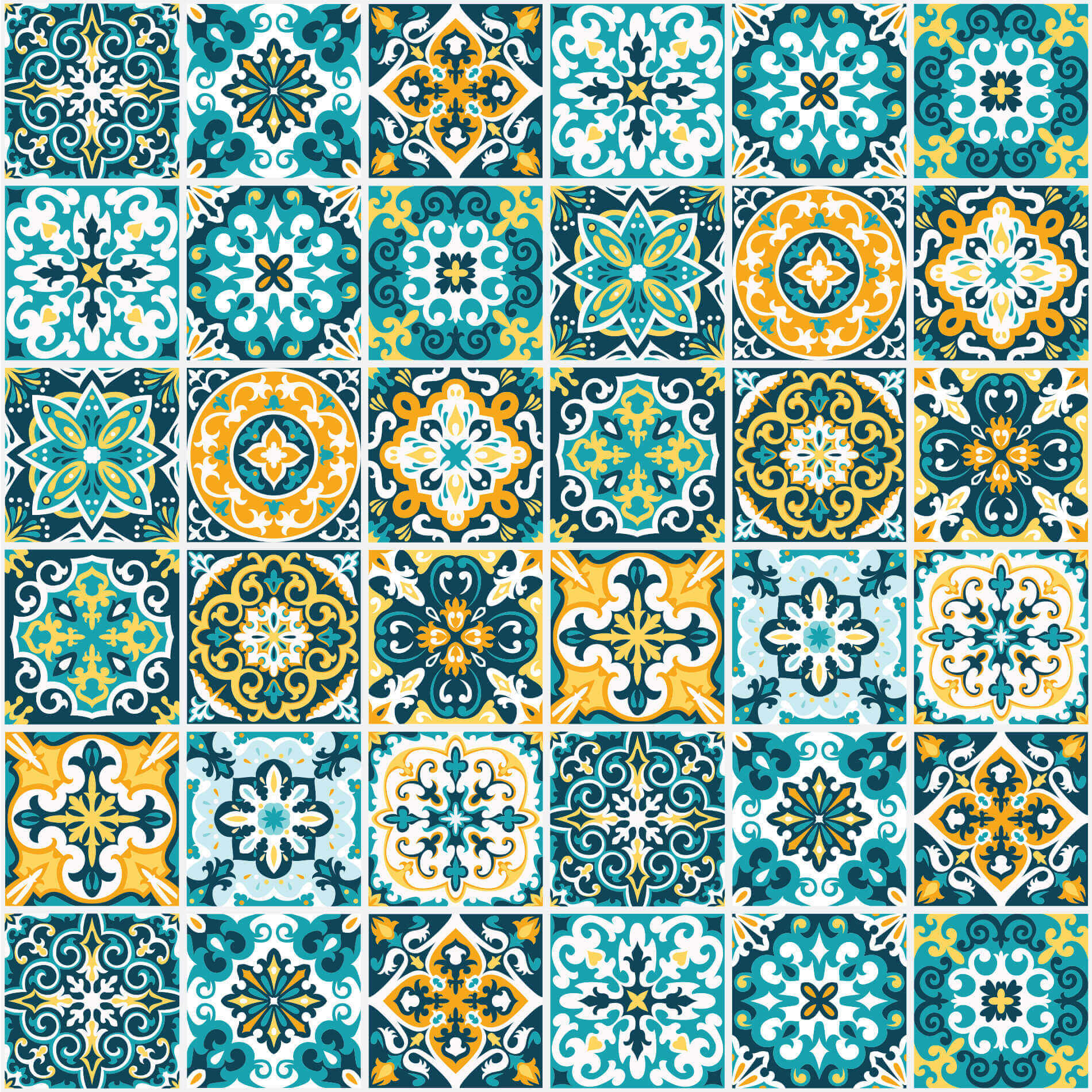 Papel de parede adesivo estilo rococó mostrando detalhes do padrão geométrico e dimensões do rolo.