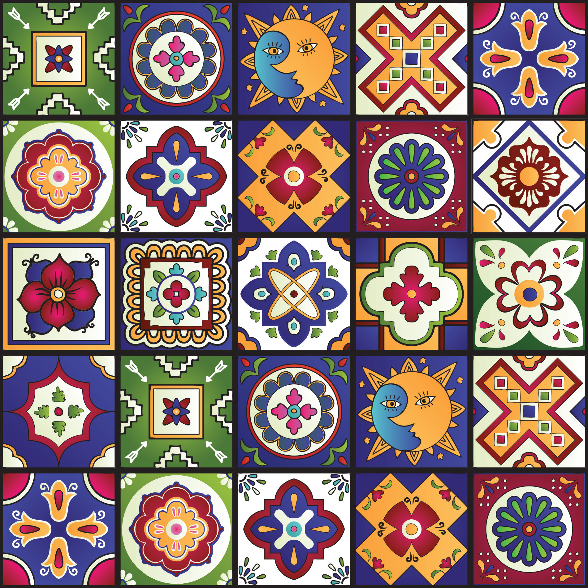 Imagem detalhada do papel de parede com padrão de azulejos hidráulicos mexicanos, mostrando textura e acabamento.