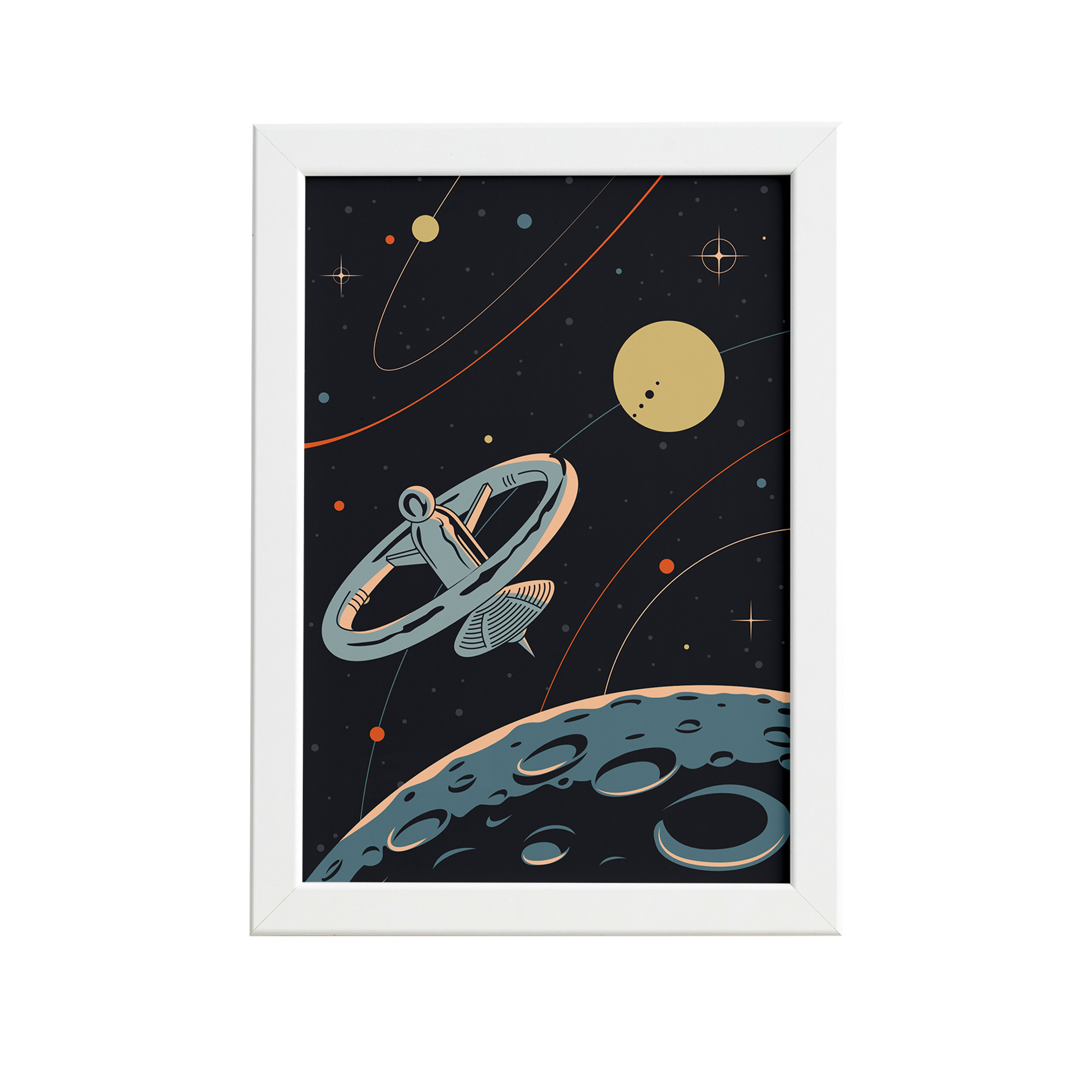 Quadro decorativo retangular com moldura branca, ilustrando uma cena espacial retrô, com detalhes das dimensões 33x43 cm.