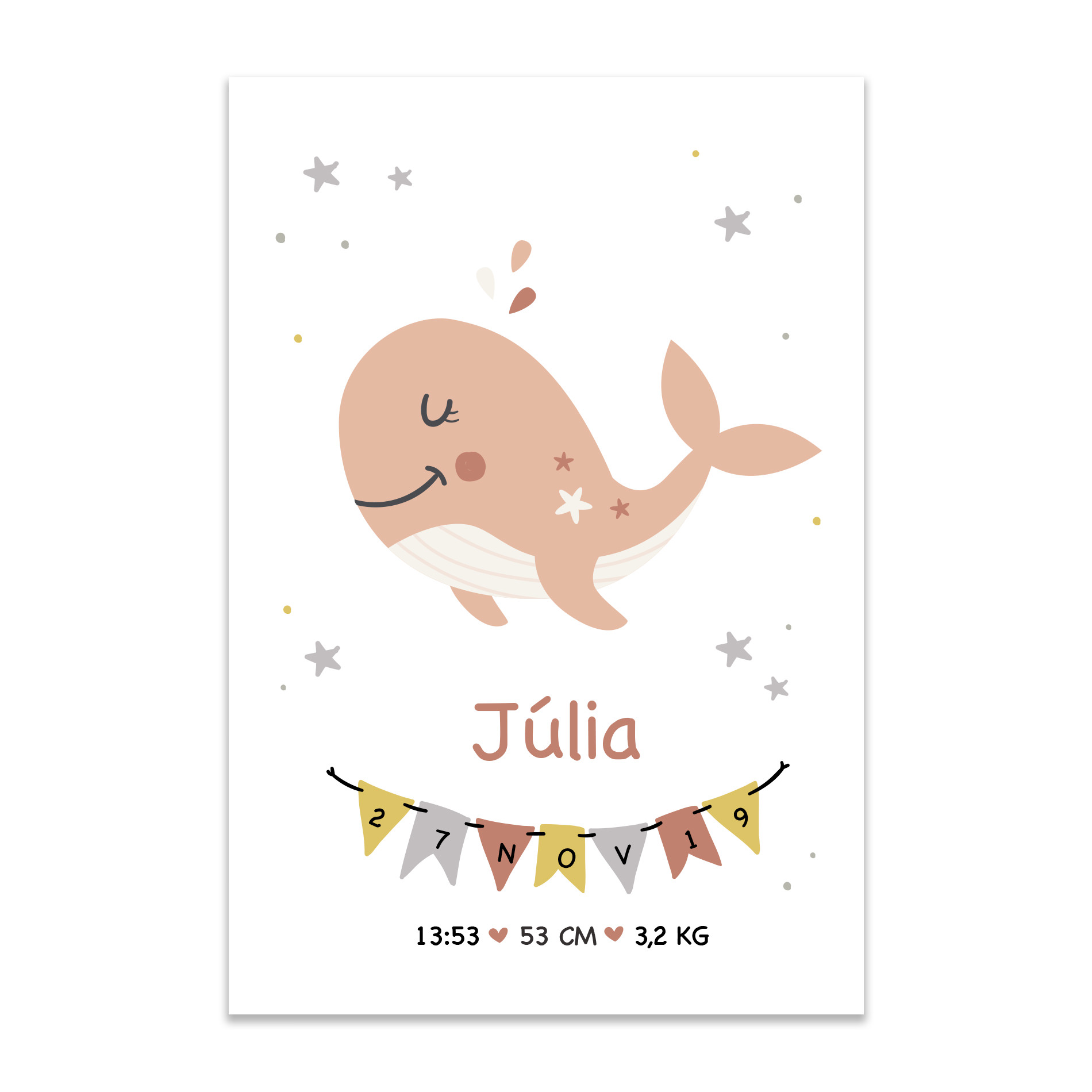 Placa decorativa retangular 20x30cm com ilustração infantil de baleia cor de pêssego, mostrando detalhes do produto e dimensões para aplicação.