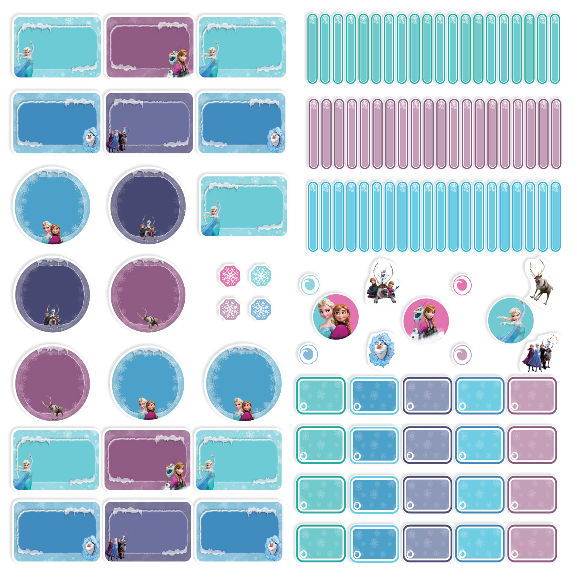 Folha com várias etiquetas escolares personalizadas tema Frozen em formatos variados, mostrando detalhes e especificações.