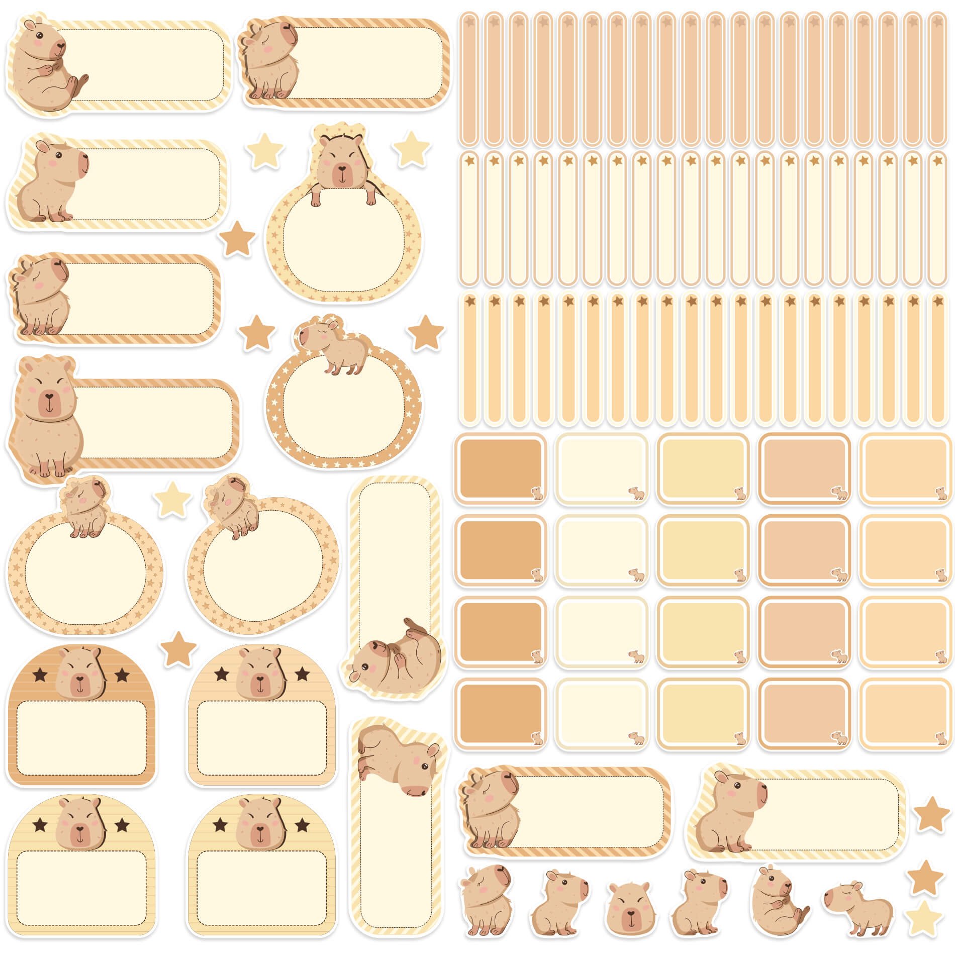 Folha com várias etiquetas escolares personalizadas tema capivara em tons bege e marrom claro, com formatos variados.