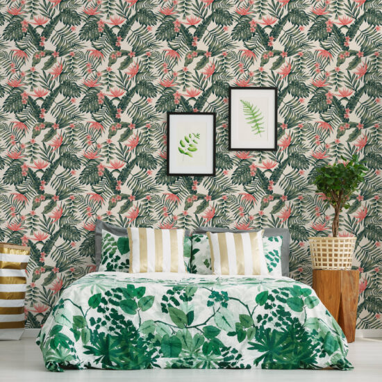 Papel de parede para Quarto Folhagem Tropical e Flores 57x270cm