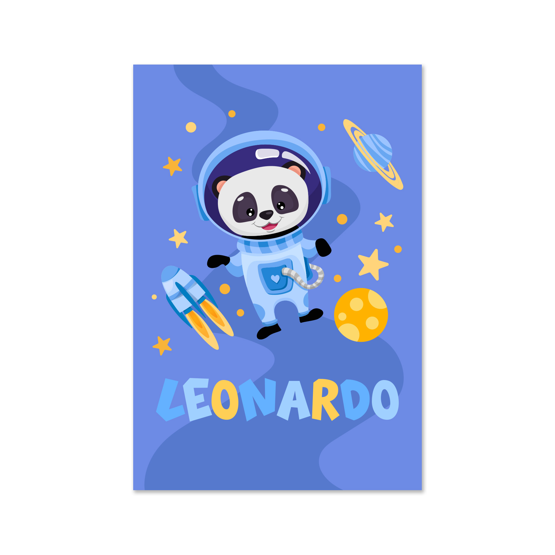 Placa decorativa personalizada Panda Astronauta 20x30cm com detalhes do produto e fixação.