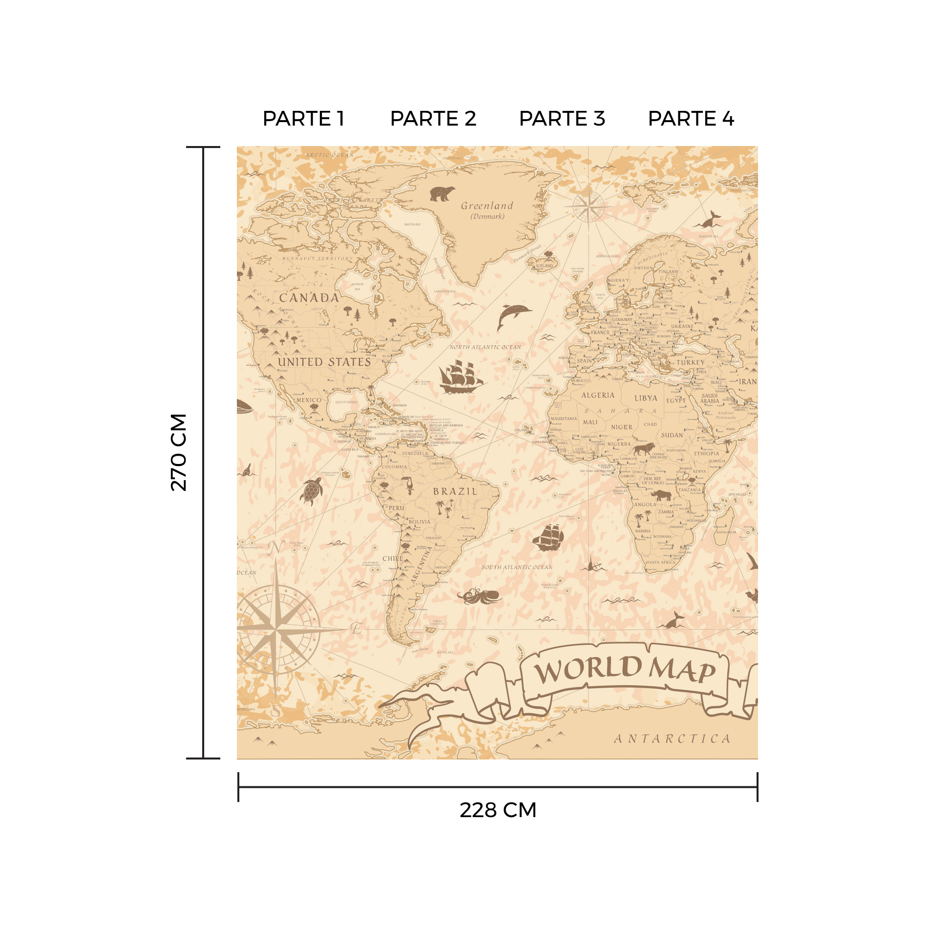 Imagem técnica do papel de parede mapa mundi vintage em vinil, mostrando as dimensões totais e detalhes do produto.