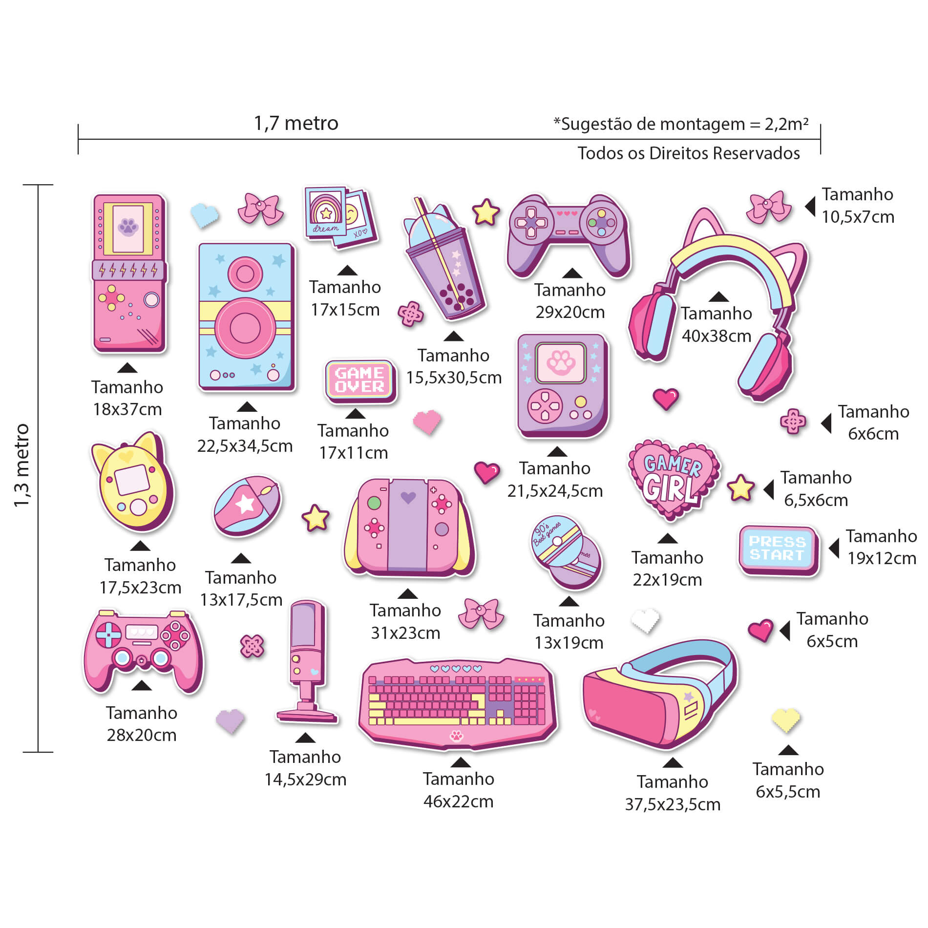 Imagem técnica mostrando as dimensões detalhadas dos adesivos para quarto de menina gamer
