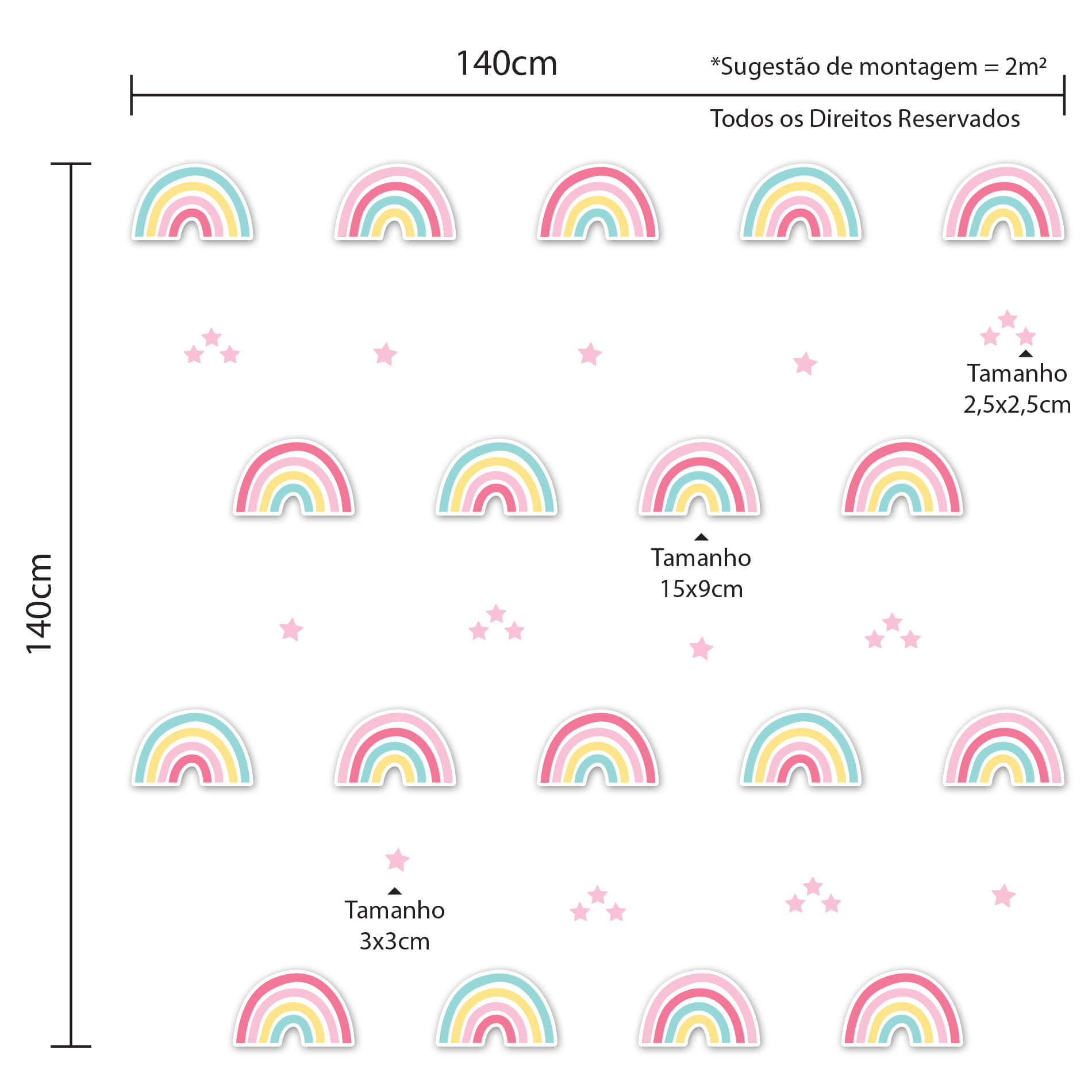 Imagem ilustrativa com medidas e disposição dos adesivos de parede infantil com arco-íris e estrelas, destacando dimensões e área coberta.