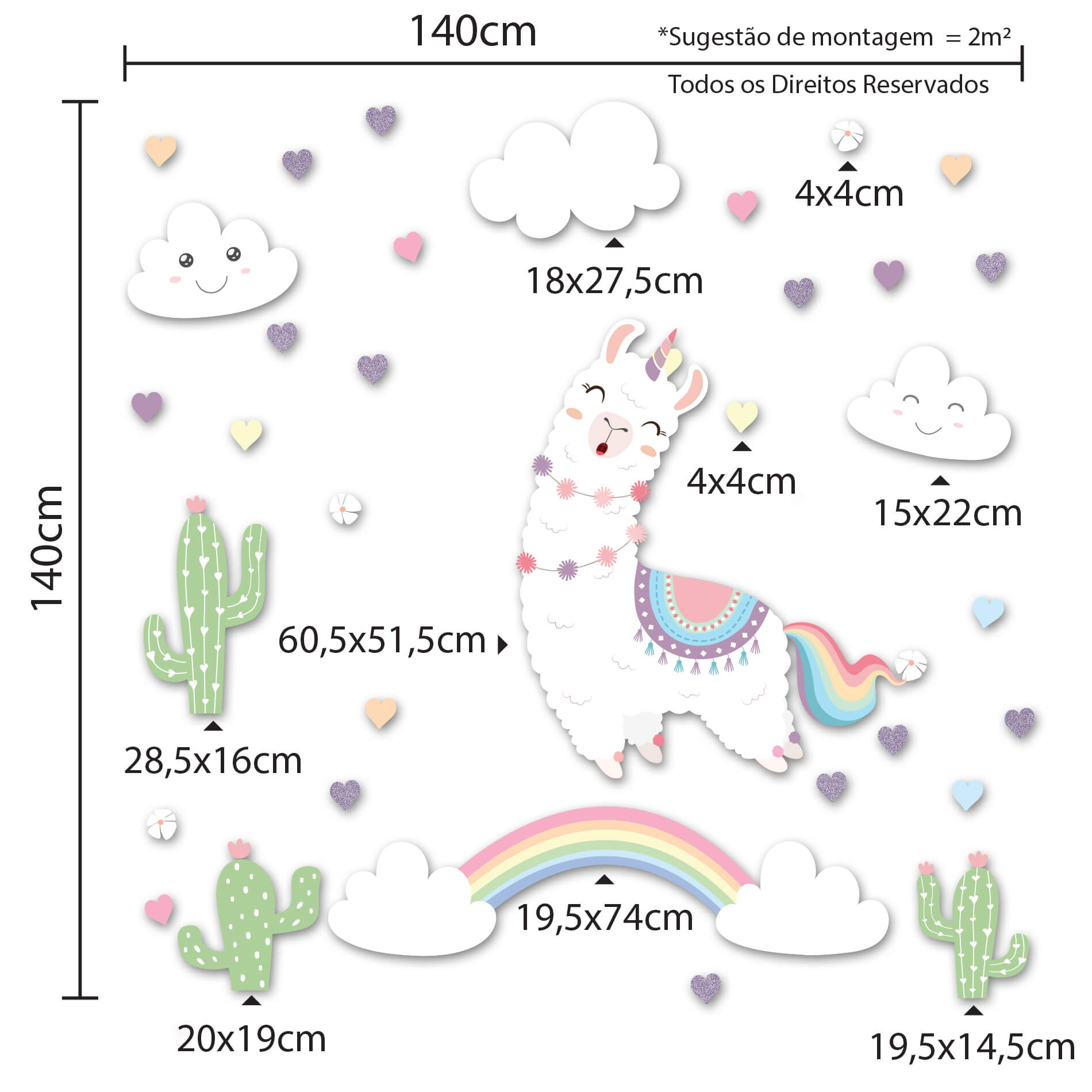 Imagem técnica do adesivo de parede infantil lhama unicórnio menina com glitter mostrando dimensões dos elementos.