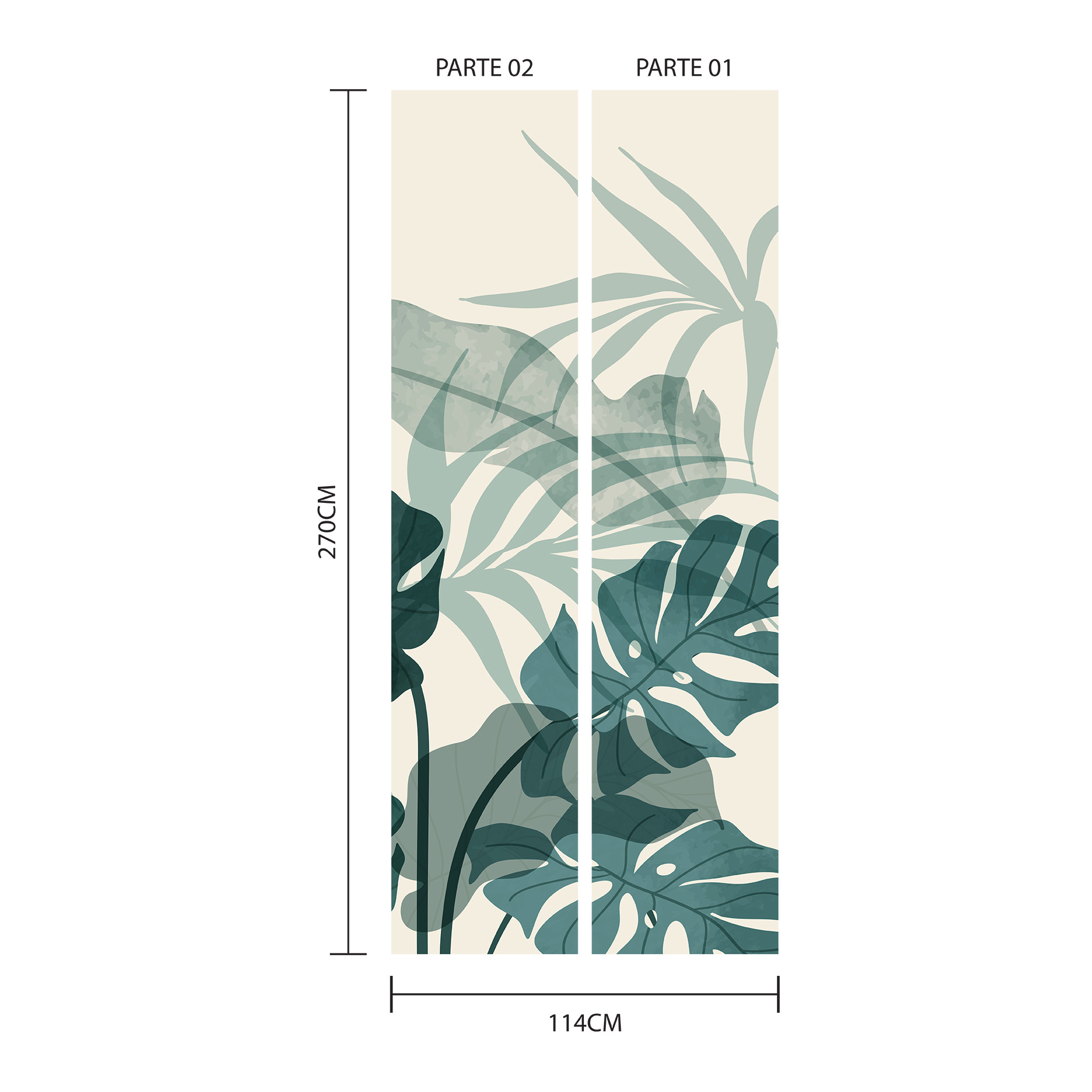 Imagem detalhada do papel de parede adesivo com estampa de folhagem verde, mostrando dimensões e instruções de aplicação.