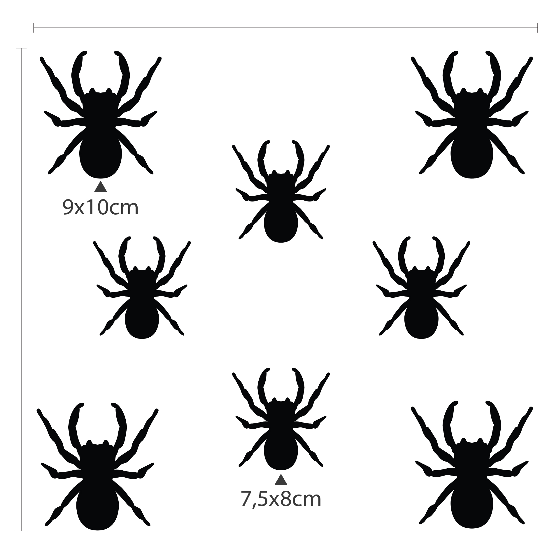 Imagem mostrando adesivos de aranhas pretas com medidas para aplicação em parede ou porta.