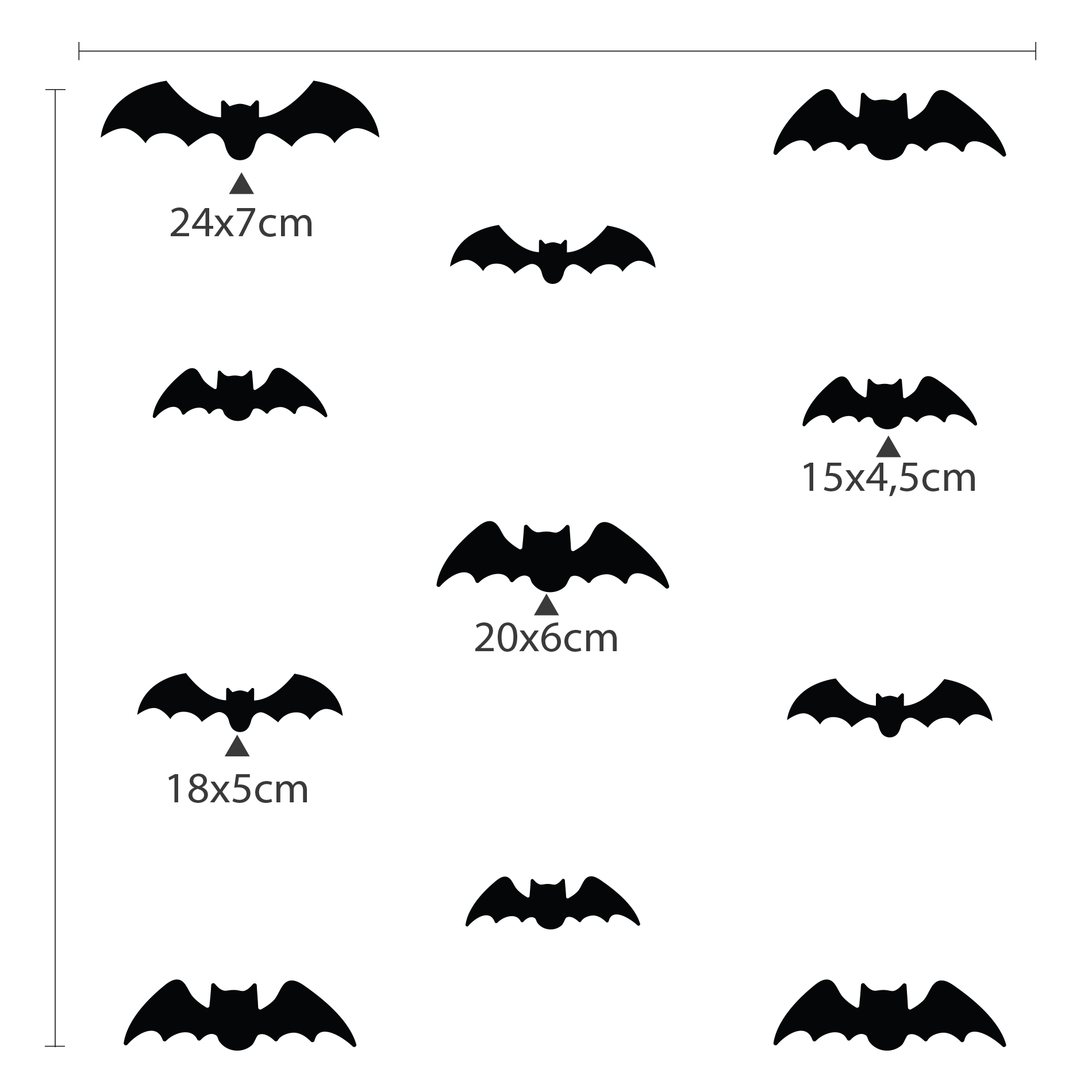 Adesivos de morcegos pretos para Halloween, mostrando aplicação e dimensões