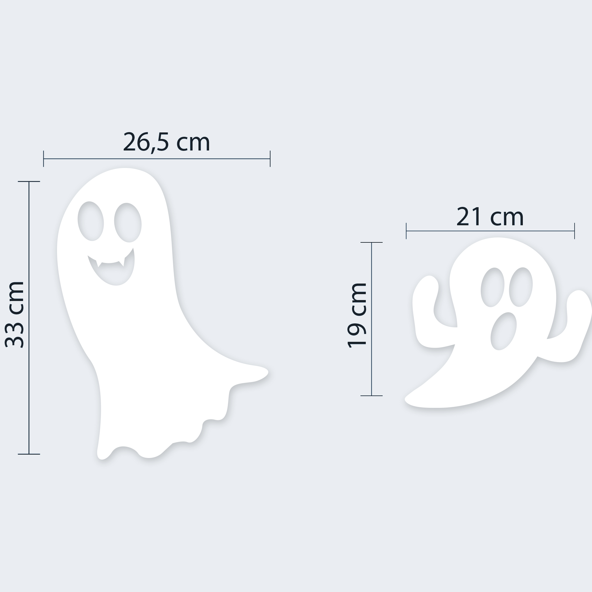 Imagem ilustrativa mostrando dimensões dos adesivos de fantasmas para decoração de Halloween.
