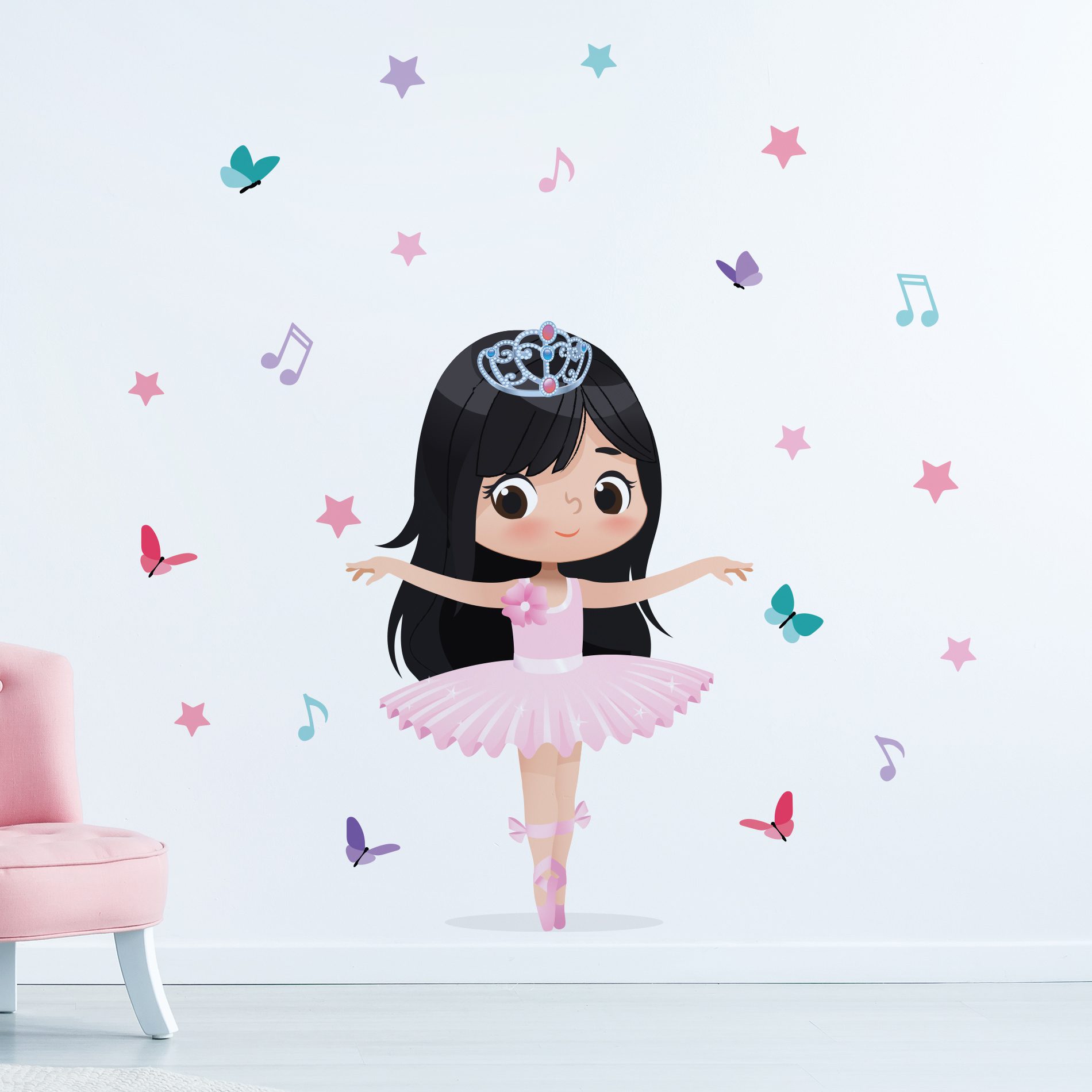 Adesivo de parede bailarina menina cabelo longo preto