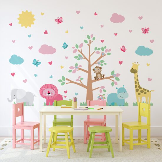 Adesivo de Parede Animais Safari Colorido Quarto Menina Cobre 3m²
