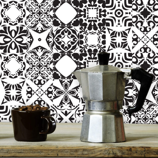 Papel de Parede Preto e Branco Azulejo Évora Rolo 57x270cm