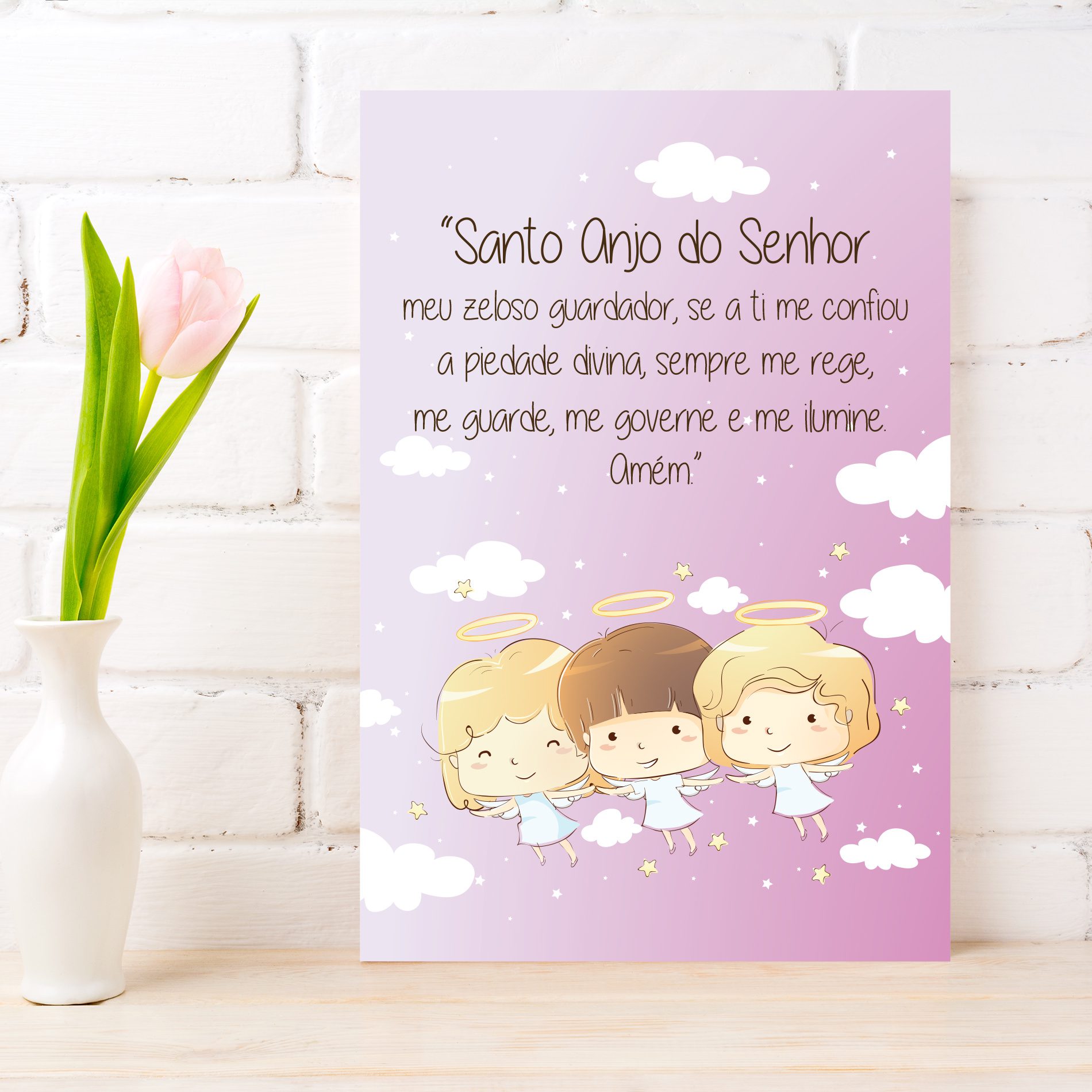 Placa decorativa infantil rosa com oração do Anjo da Guarda, ideal para decoração de quarto