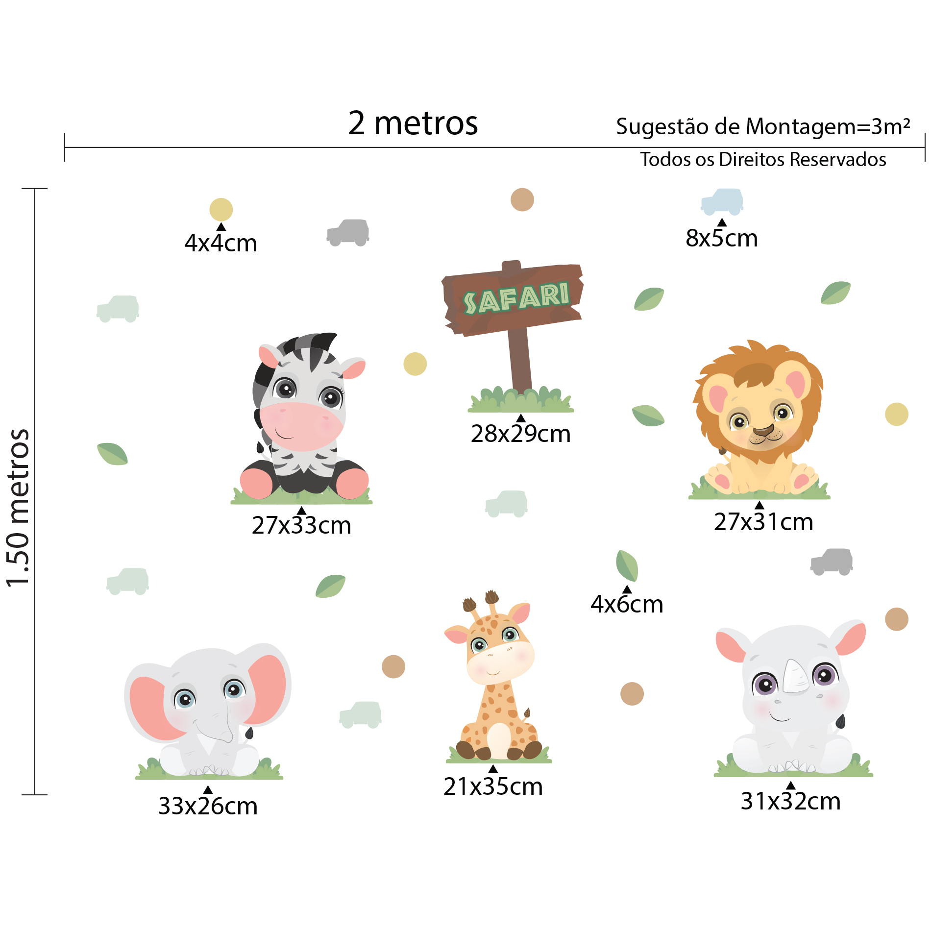 Imagem ilustrativa das dimensões dos adesivos Safari para quarto infantil, mostrando tamanho e detalhes dos animais e elementos decorativos