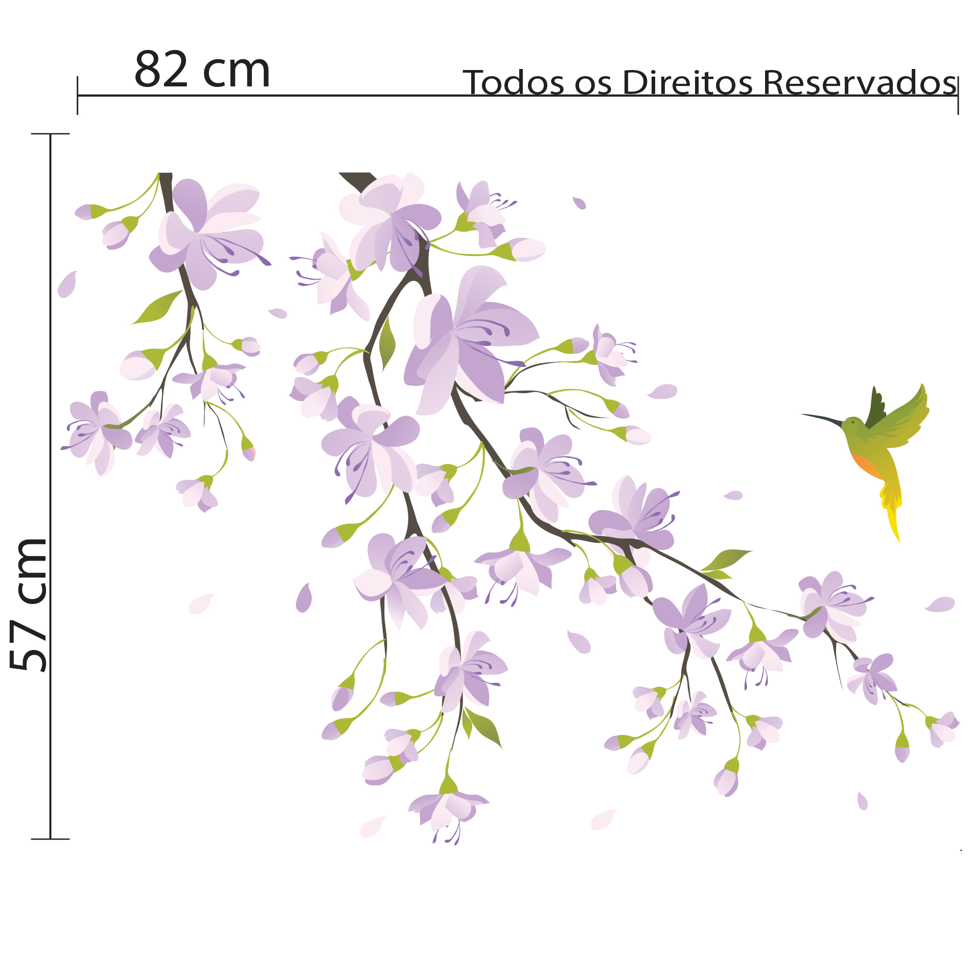 Adesivo de parede com galhos florais lilás e beija-flor, mostrando dimensões e instruções de aplicação.