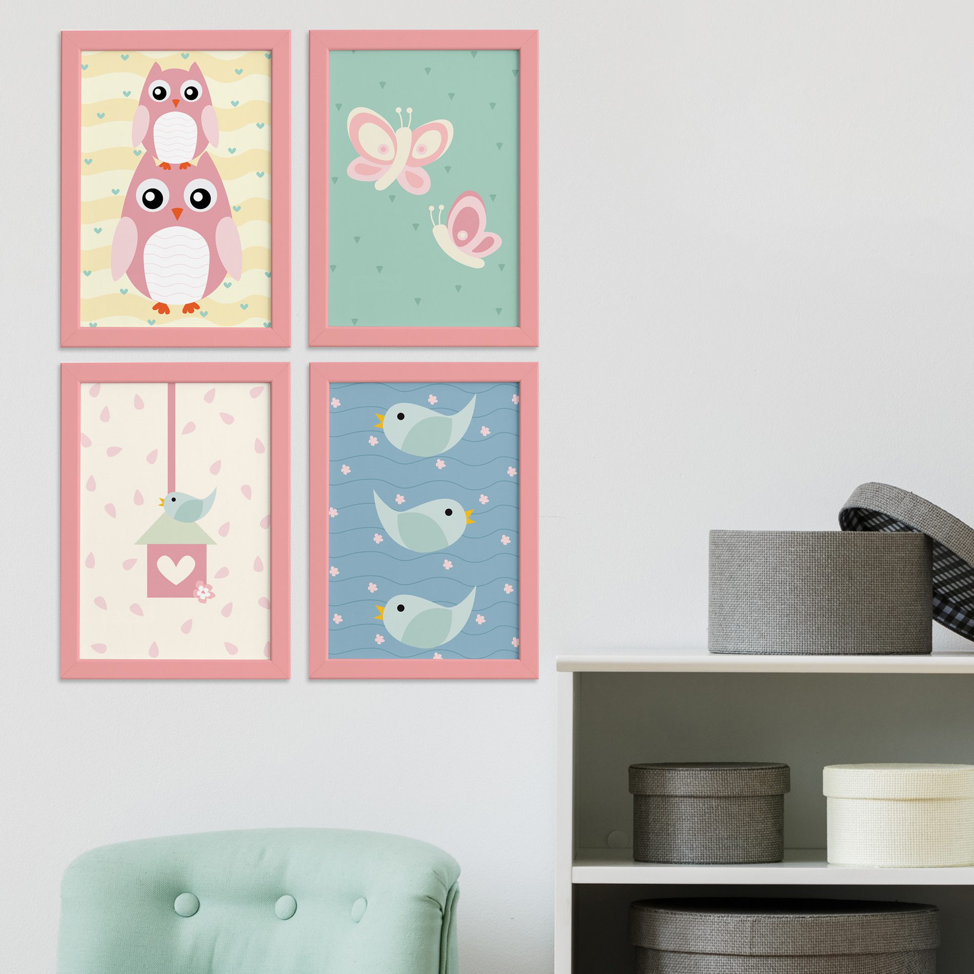 Quadros Corujinha Baby Rosa Moldura Rosa
