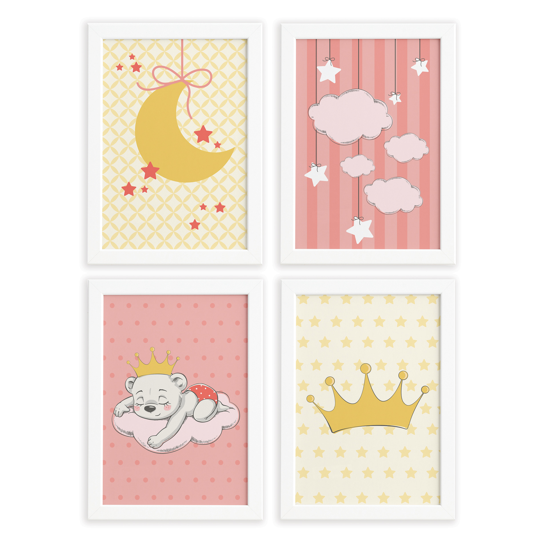 Imagem mostrando os quadros decorativos do kit Ursinha Princesa com moldura branca e dimensões 22x32cm.