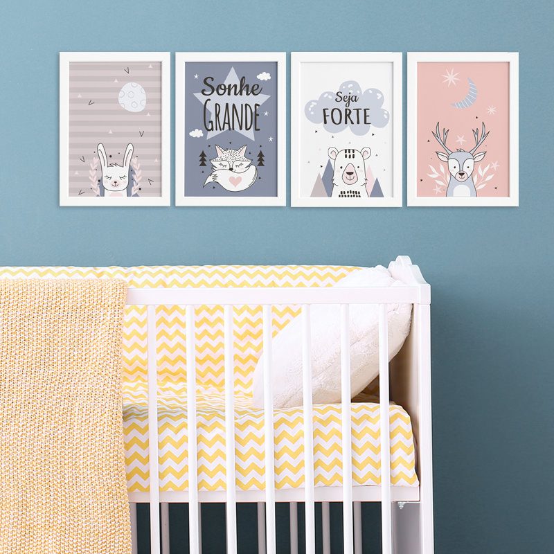 Quadros Decoração Escandinava Infantil 4un Moldura Branca 33x43