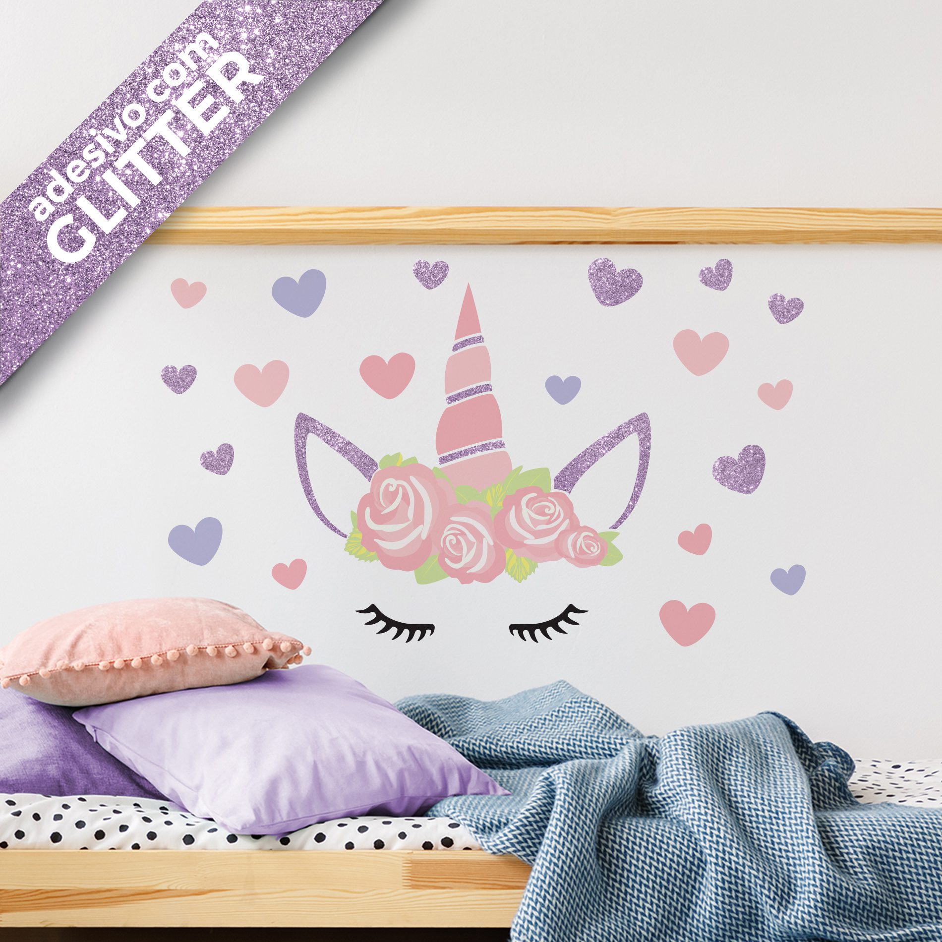 Adesivo de Parede Coroa de Unicórnio com glitter lilás