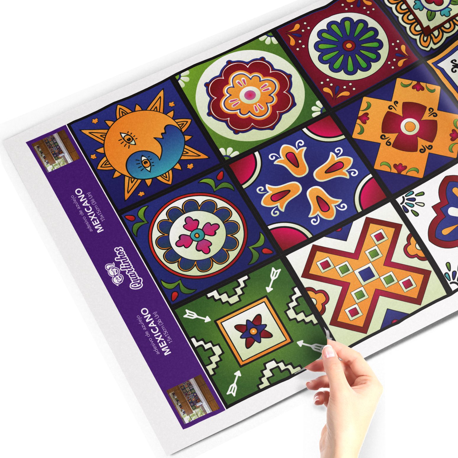 Folha de adesivo de azulejo mexicano colorido com padrão geométrico e floral