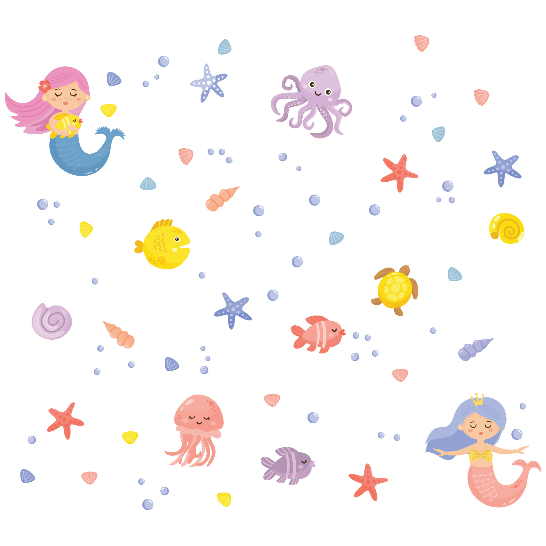 Imagem do adesivo de parede infantil Sereias no Mar mostrando detalhes do produto e dimensões.