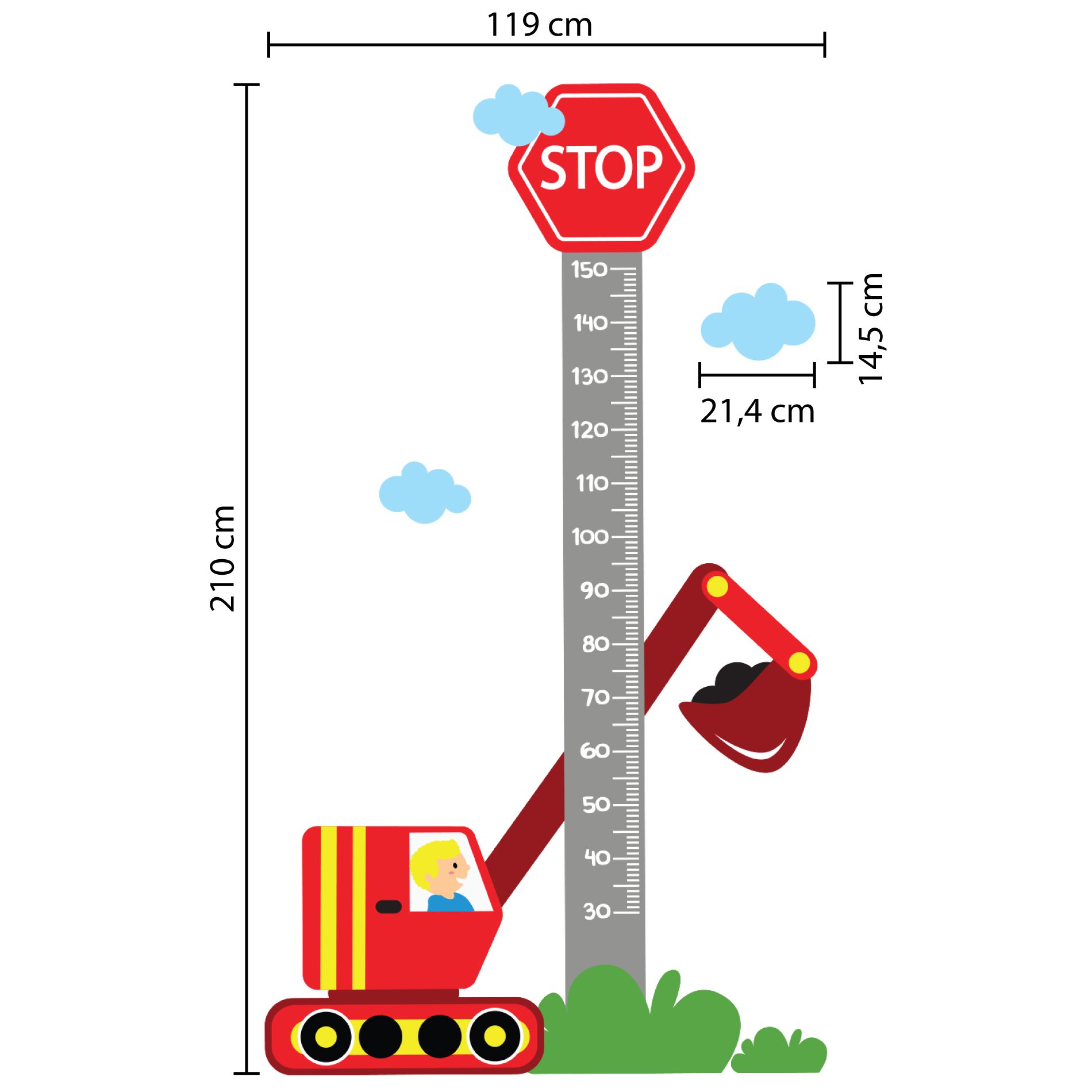 Imagem com dimensões do adesivo infantil medidor de altura com escavadeira vermelha, régua cinza com marcações de 30 a 150 cm, placa STOP vermelha no topo, nuvens azuis e grama verde.
