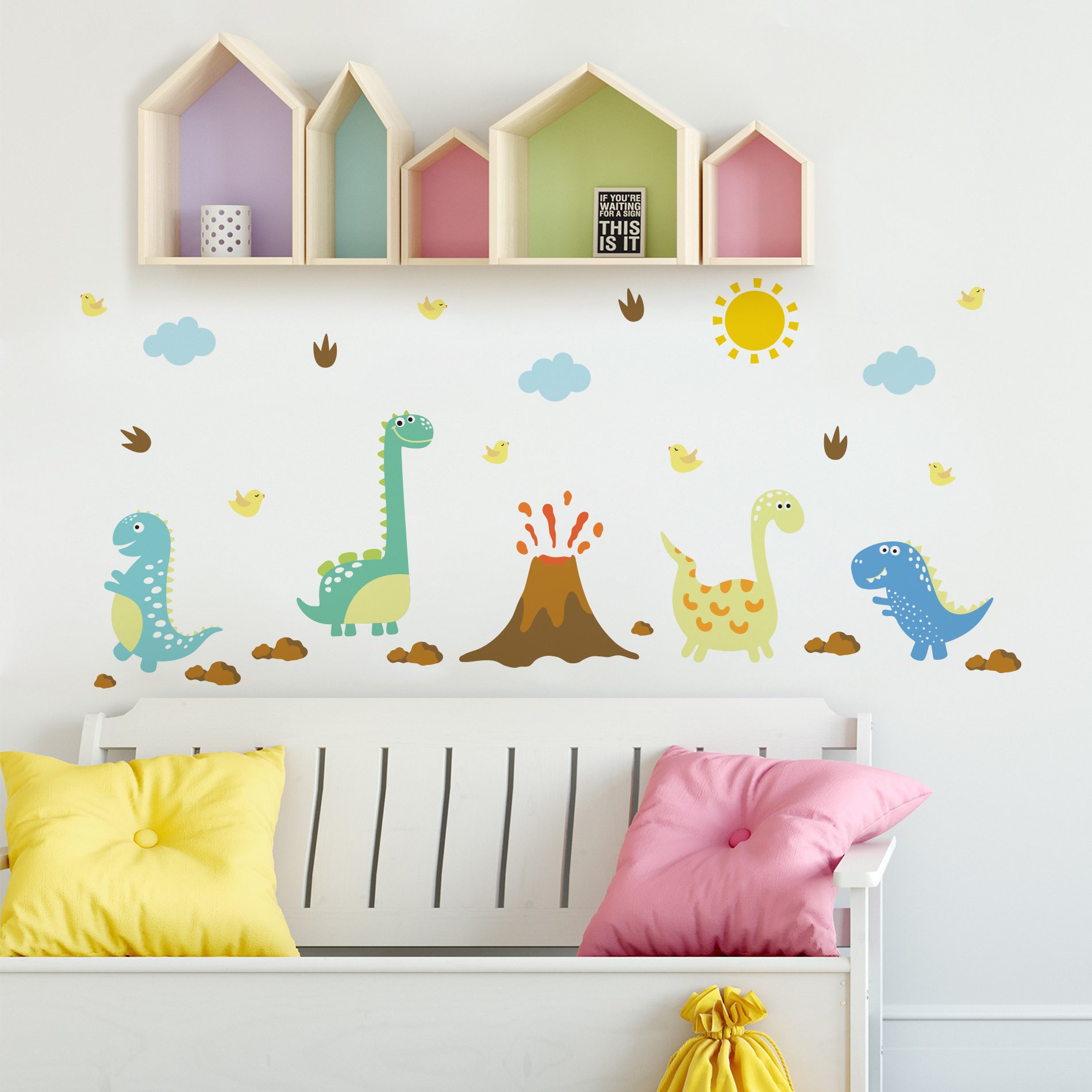Adesivo de Parede Dinossauros e Vulcão Infantil Cobre 1m²