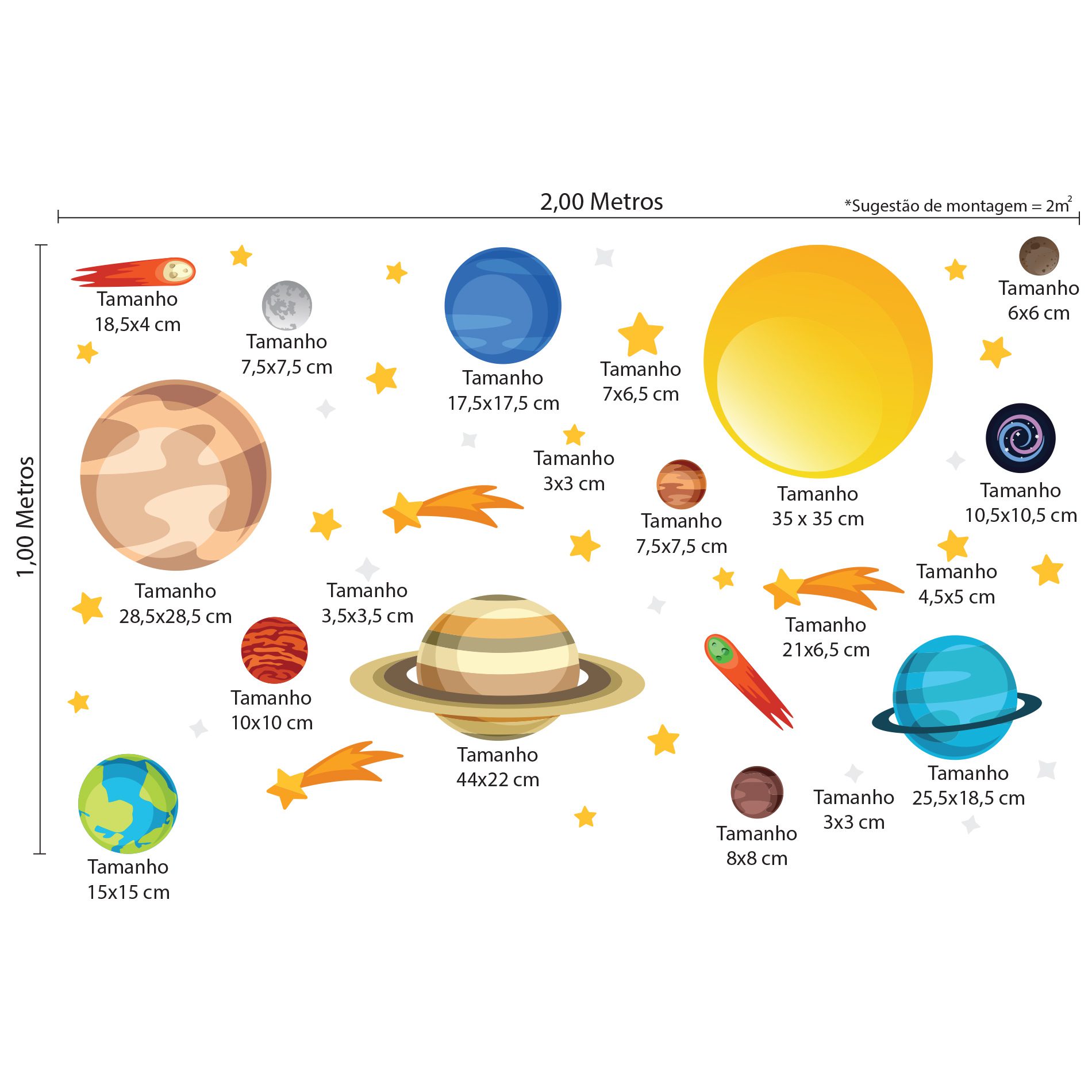 Imagem ilustrativa com dimensões dos adesivos do sistema solar e estrelas extras, mostrando medidas e sugestão de montagem.