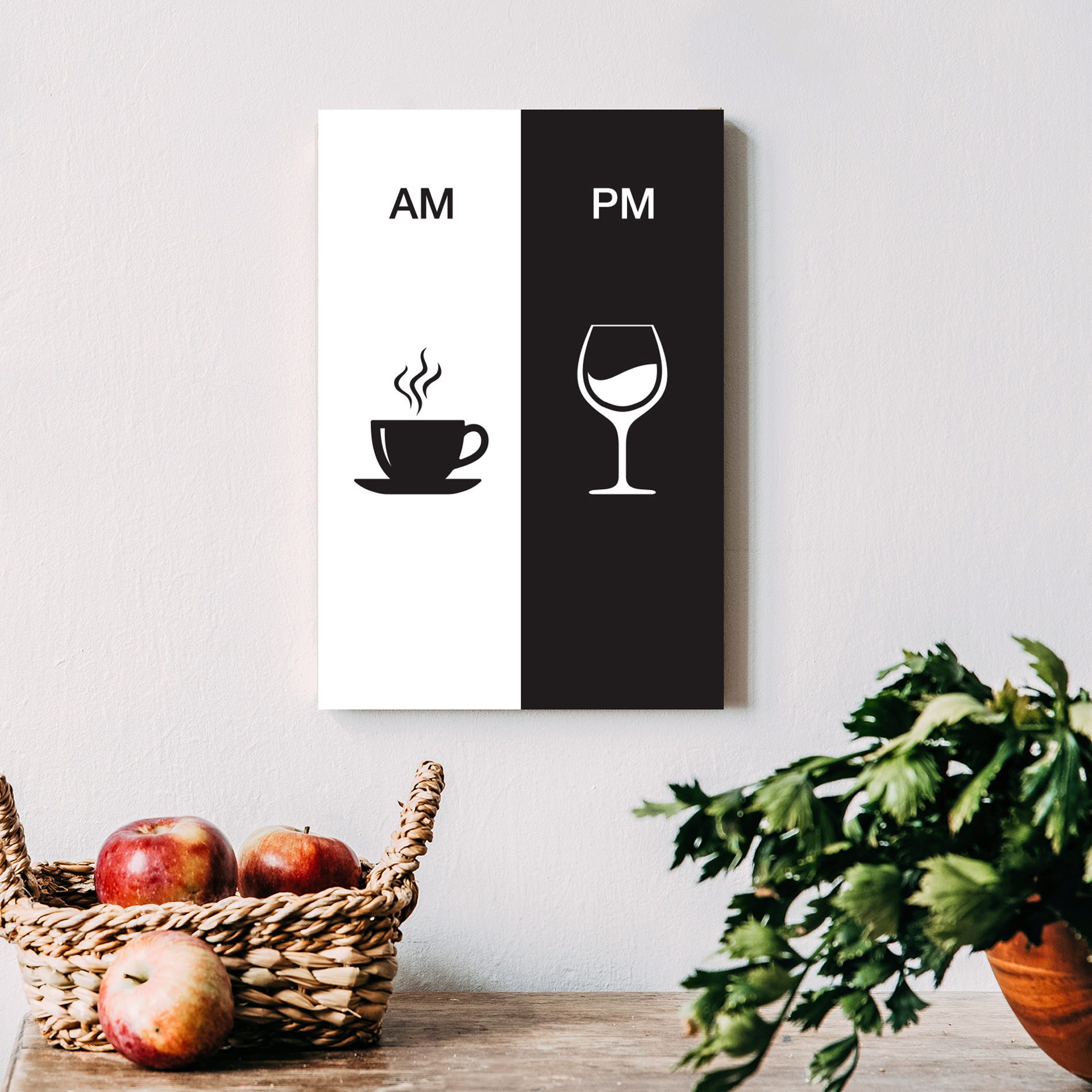 Placa Decorativa Vinho e Café AM/PM Minimalista 20x30cm,Placa Decorativa Vinho e Café AM/PM Minimalista