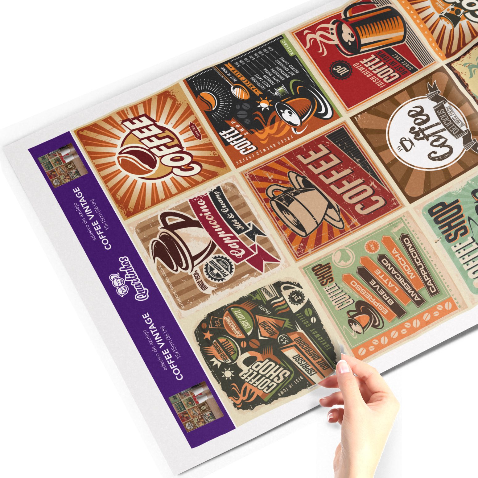 Folha de adesivos de azulejo Coffee Vintage, mostrando o tamanho e formato das peças em vinil autoadesivo com acabamento fosco.