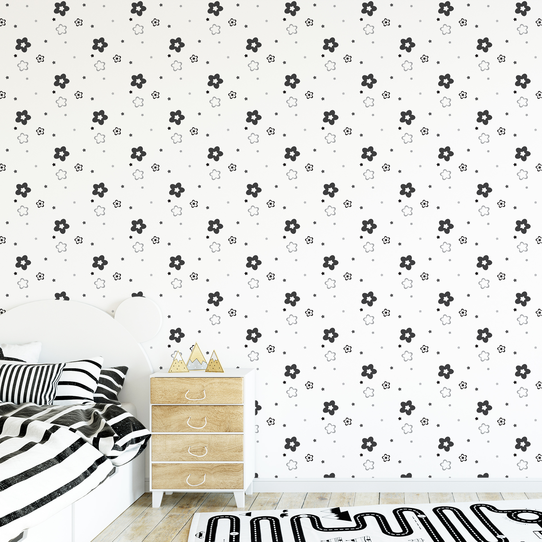 Papel de Parede preto e branco floral