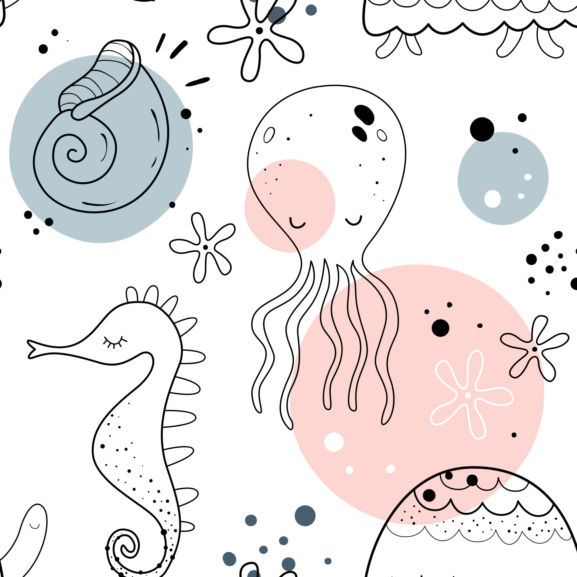 Close no padrão do papel de parede Fundo do Mar com desenhos lúdicos e cores pastel, mostrando detalhes do produto.