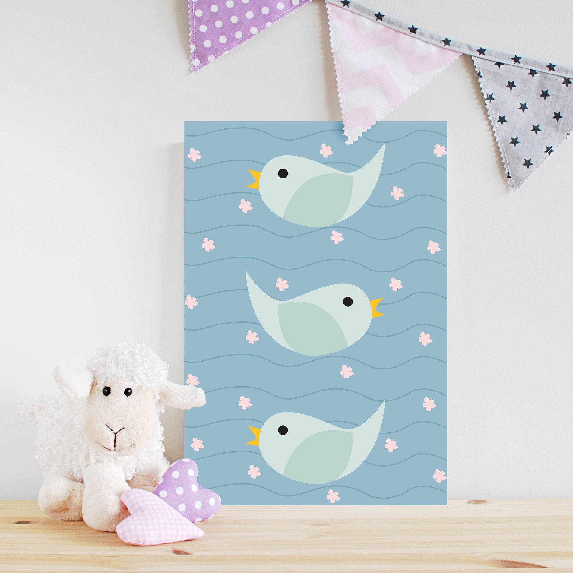 Placa Decorativa Corujinha Passarinhos Azul