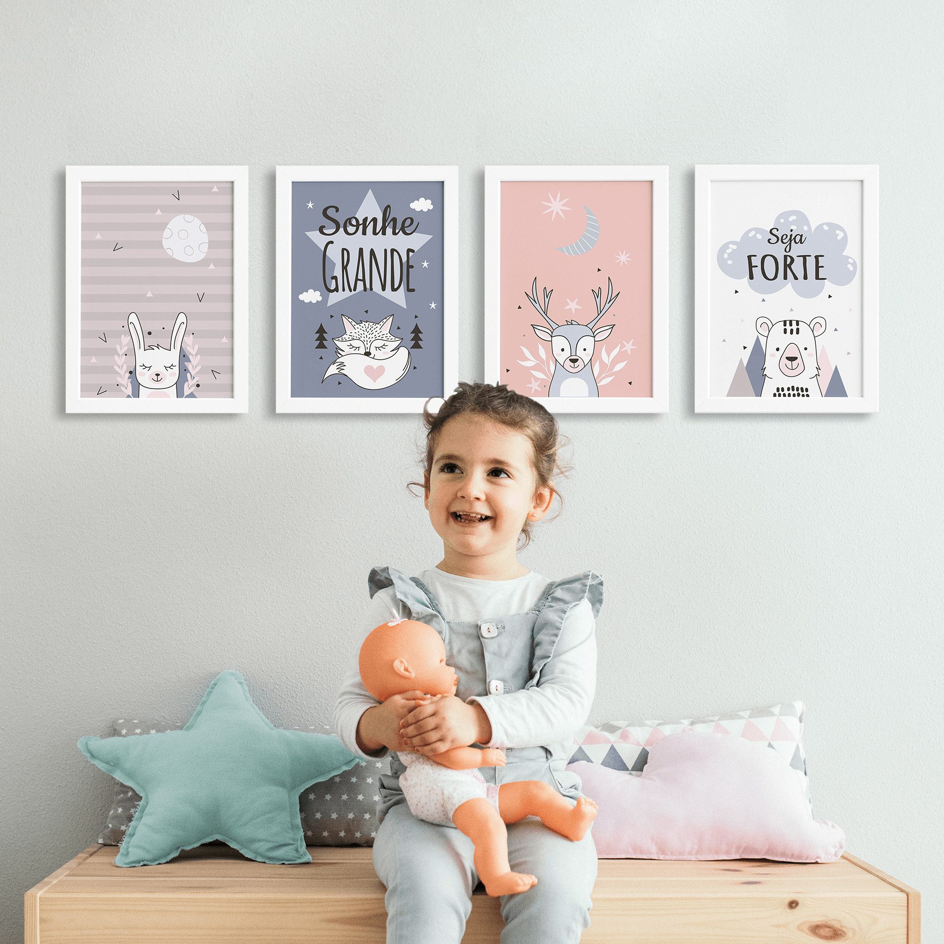 Quadros Decoração Escandinava Infantil 4un Moldura Branca 33x43