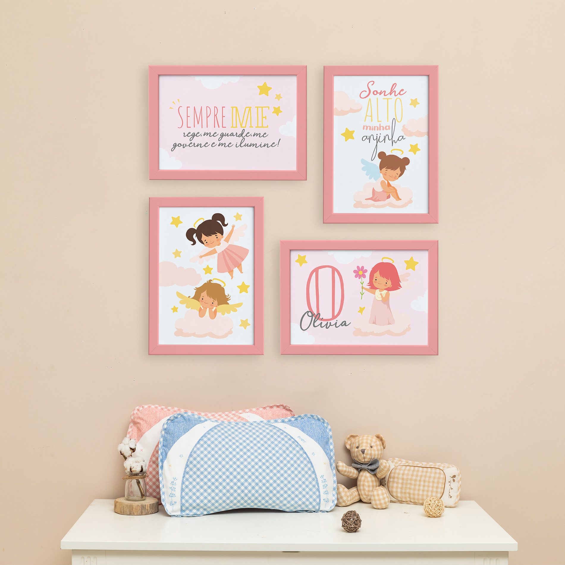 Quadros Nome Anjo Menina Moldura Rosa