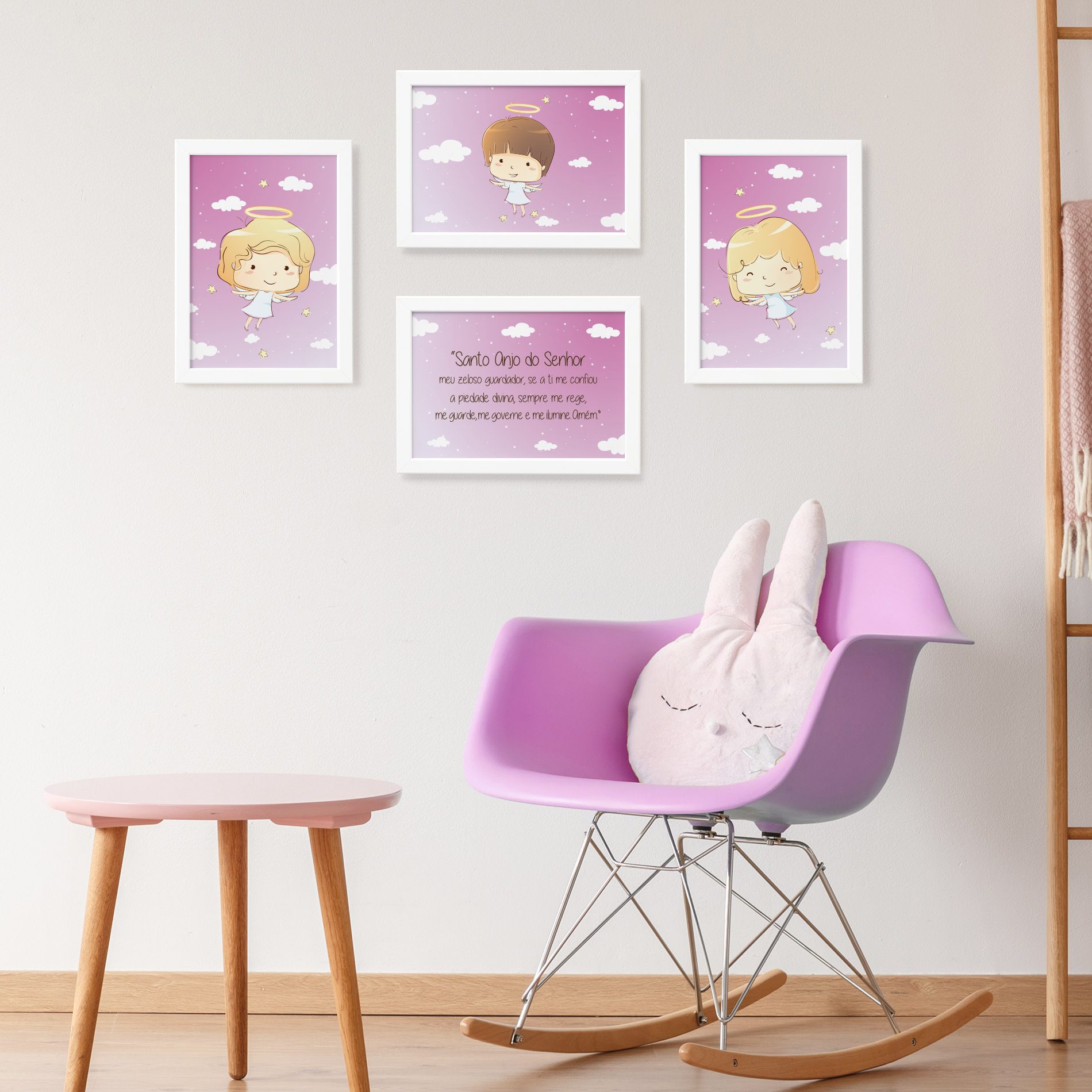 Quadros Anjos da Guarda Rosa Kit 4un Moldura Branca