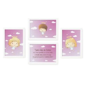 Quadros Anjos da Guarda Rosa Kit 4un Moldura Branca