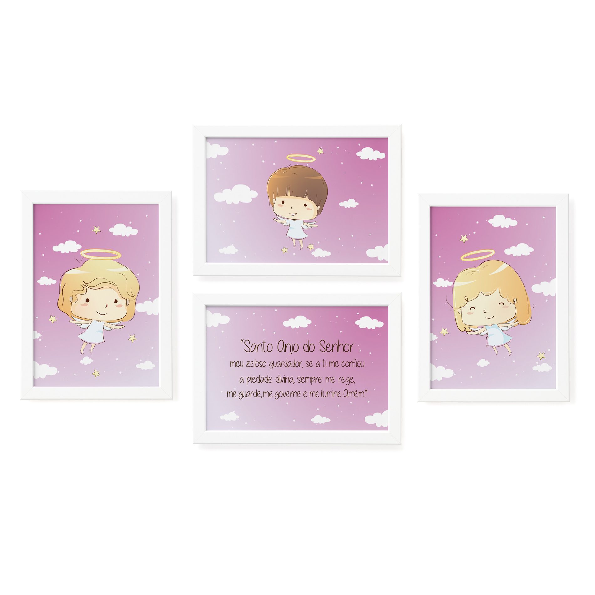 Quadros Anjos da Guarda Rosa Kit 4un Moldura Branca